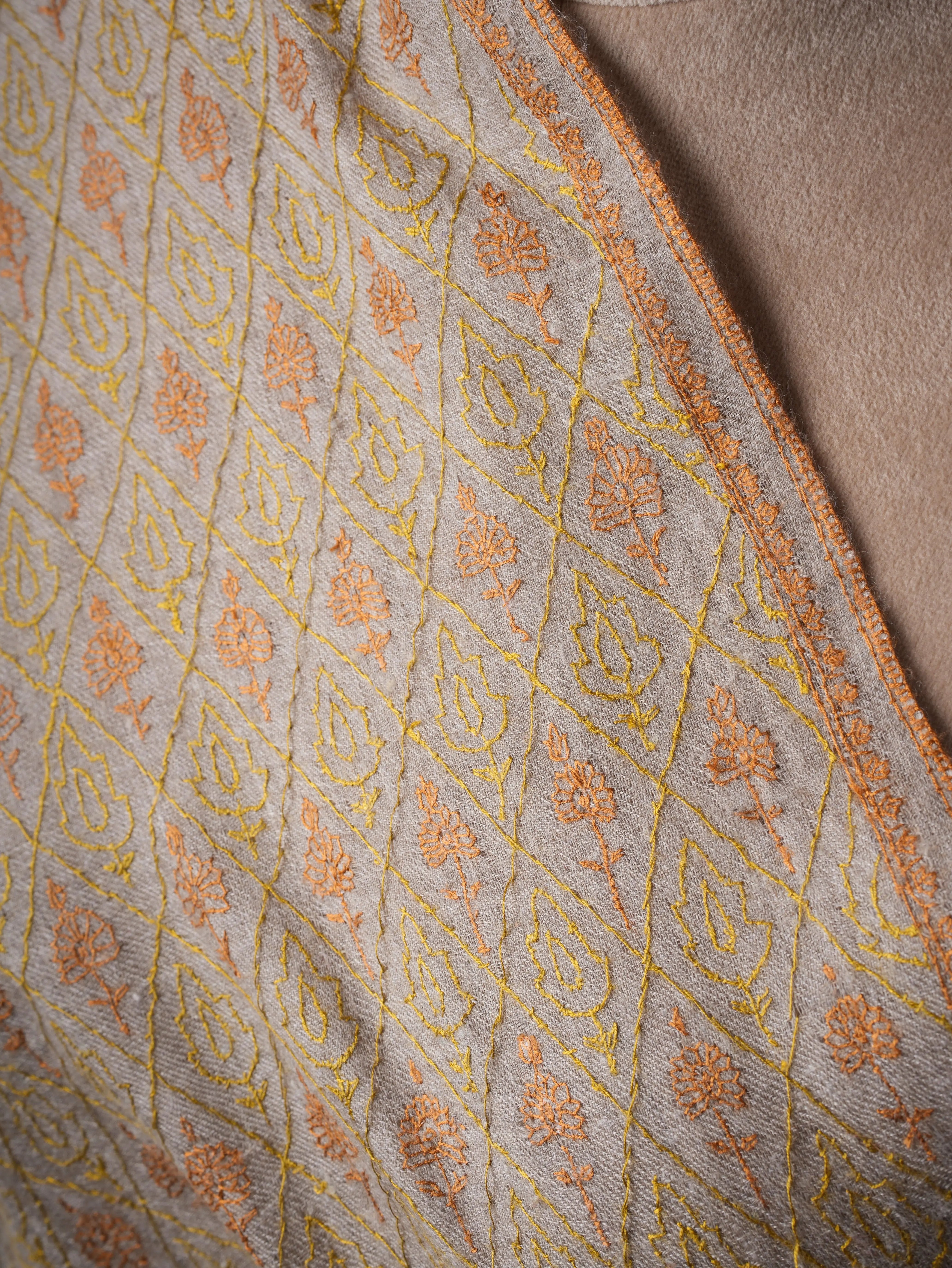 Natural Grey Baby Soft Cashmere Scarf with Jali Embroidery – Featherlight Shahkaar