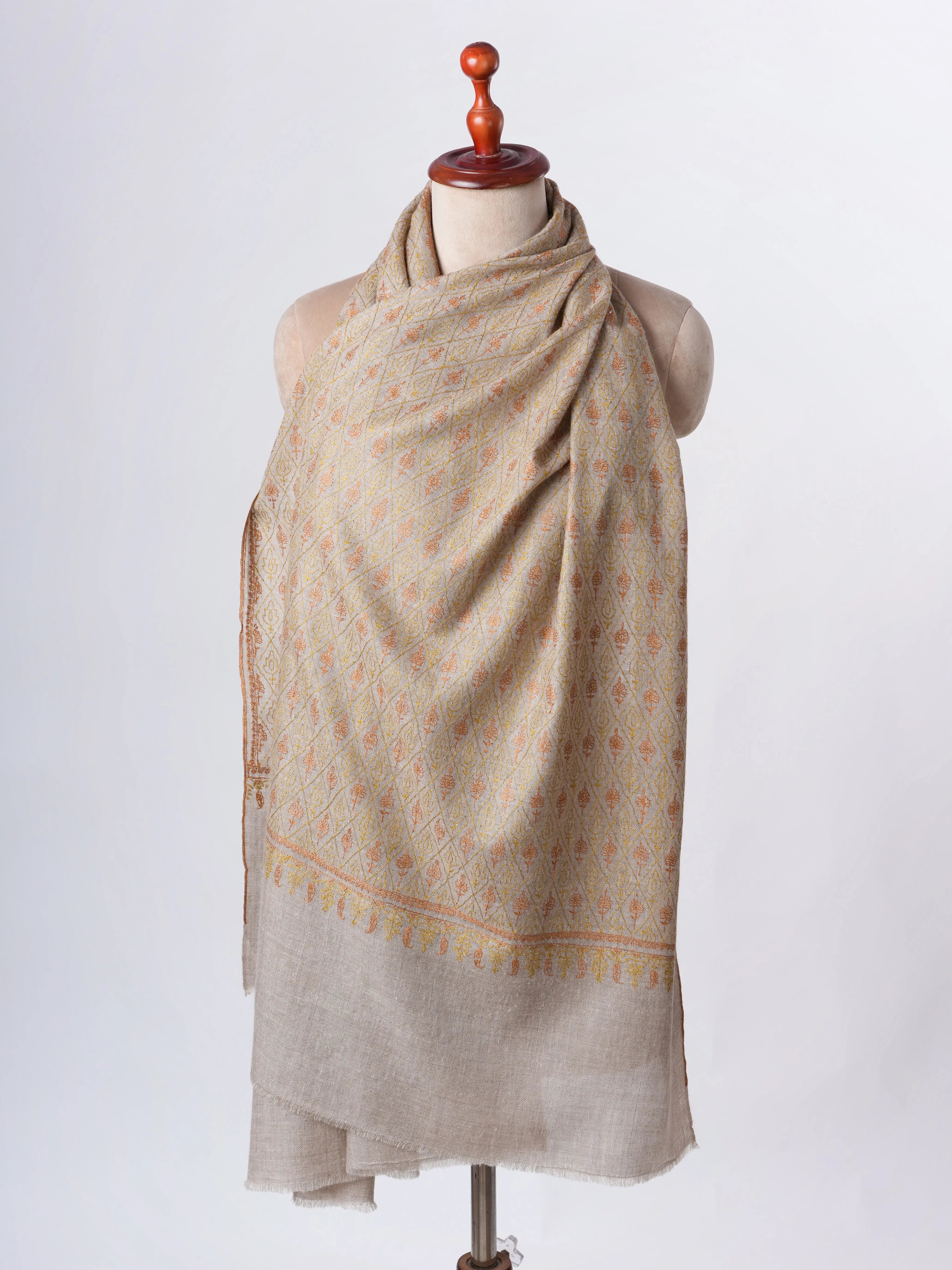 Natural Grey Baby Soft Cashmere Scarf with Jali Embroidery – Featherlight Shahkaar