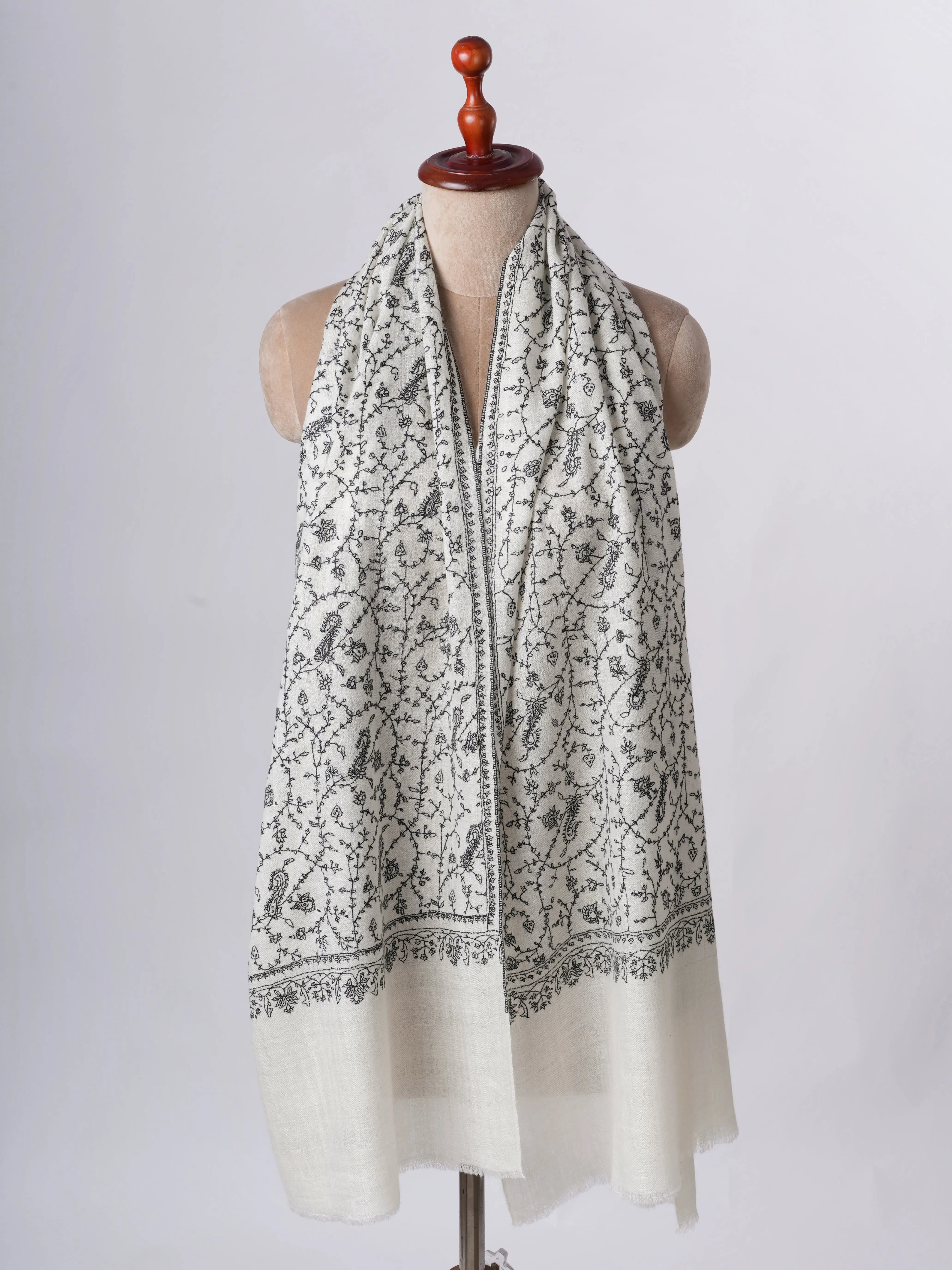 Ivory Cashmere Scarf – Baby Soft with Black Hand Embroidery Shahkaar