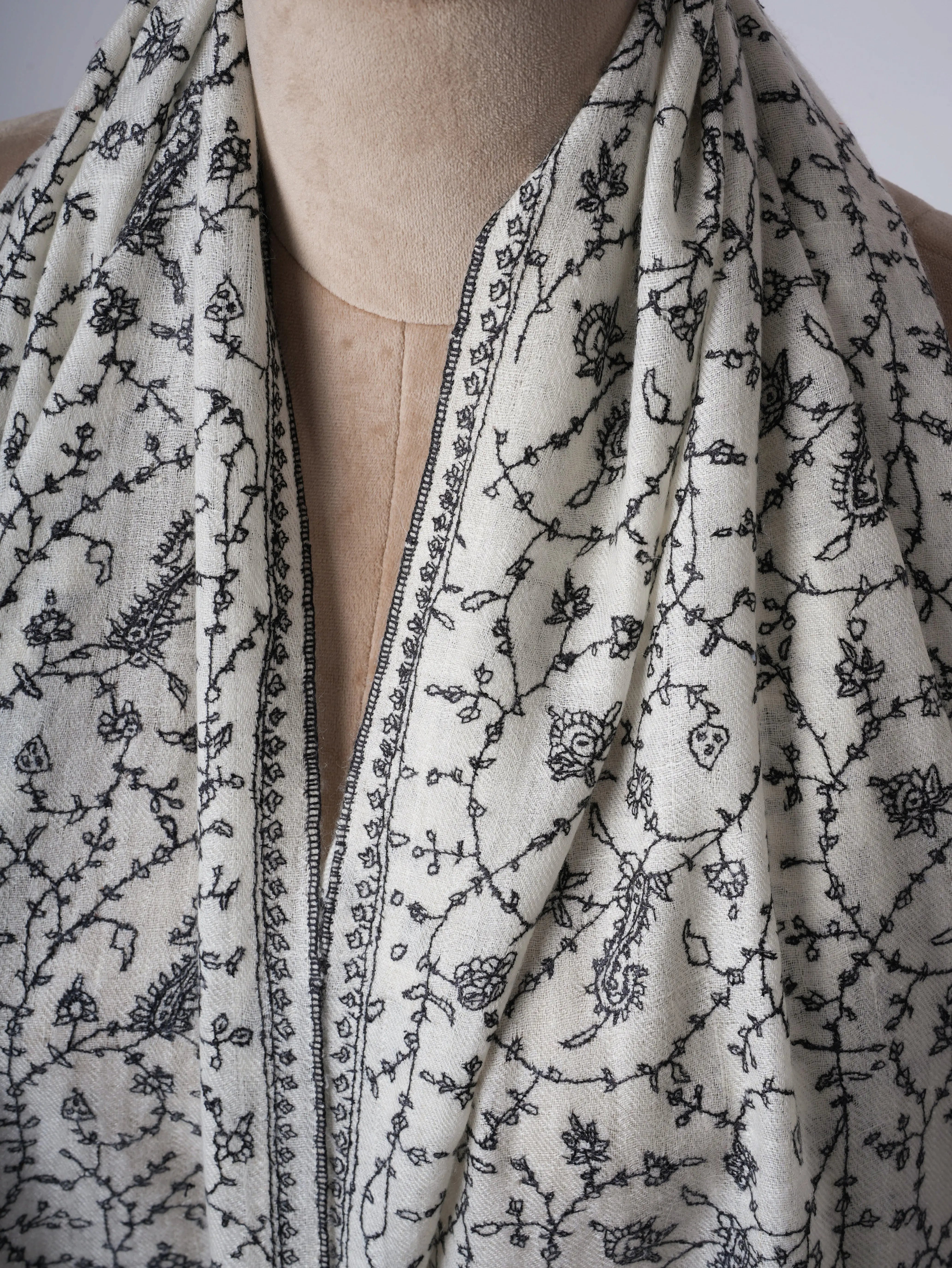 Ivory Cashmere Scarf – Baby Soft with Black Hand Embroidery Shahkaar