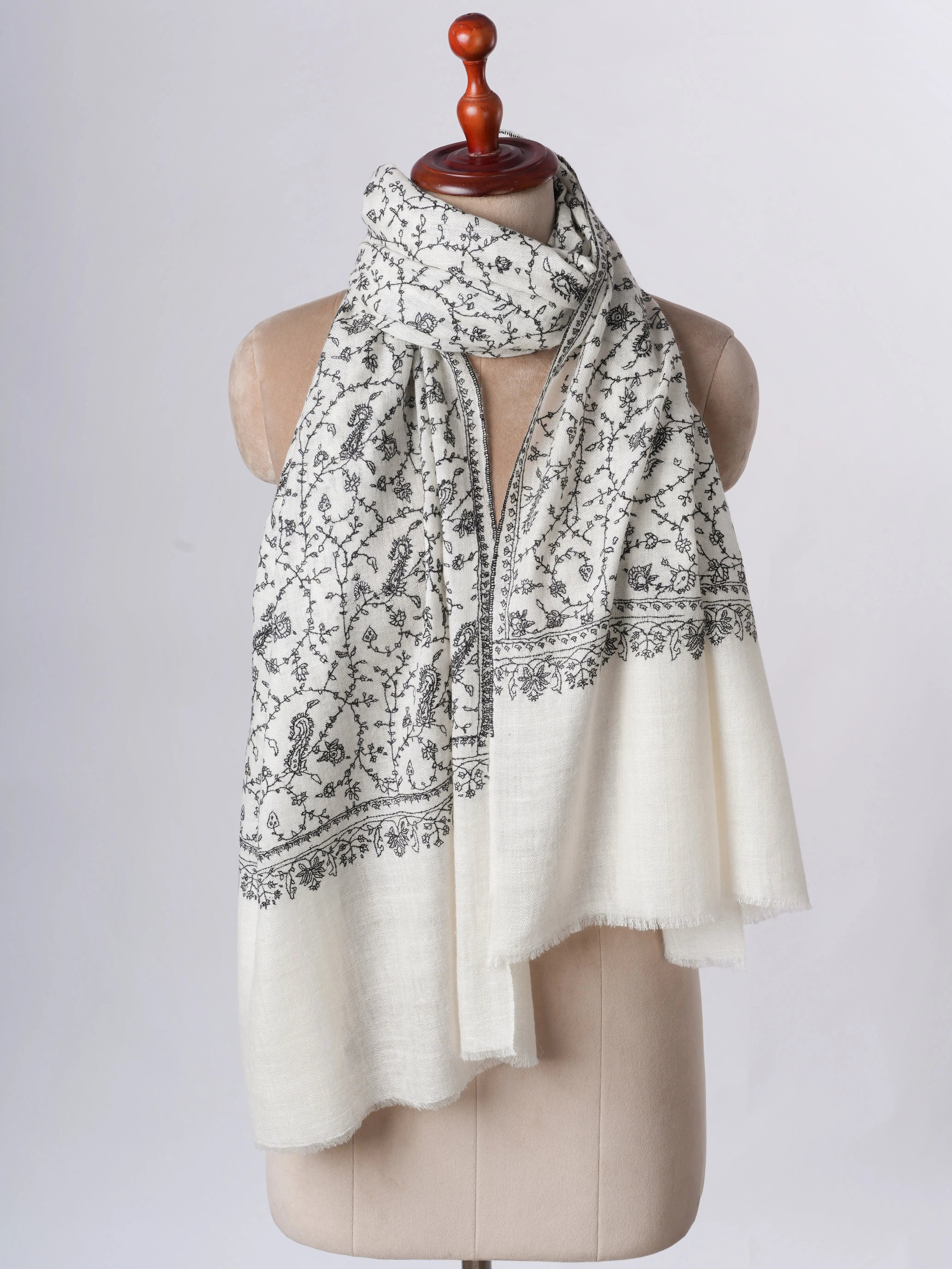 Ivory Cashmere Scarf – Baby Soft with Black Hand Embroidery Shahkaar