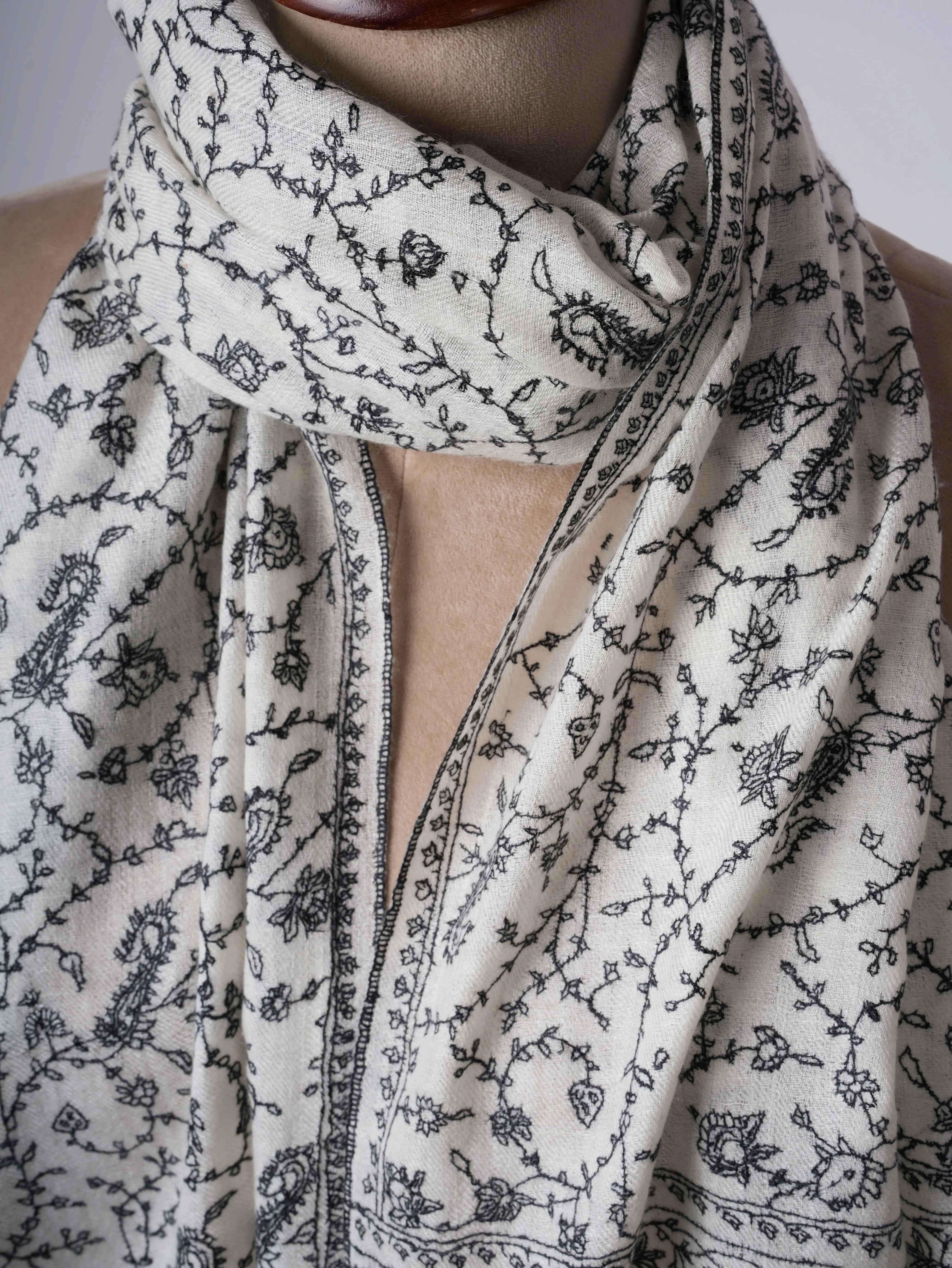 Ivory Cashmere Scarf – Baby Soft with Black Hand Embroidery Shahkaar