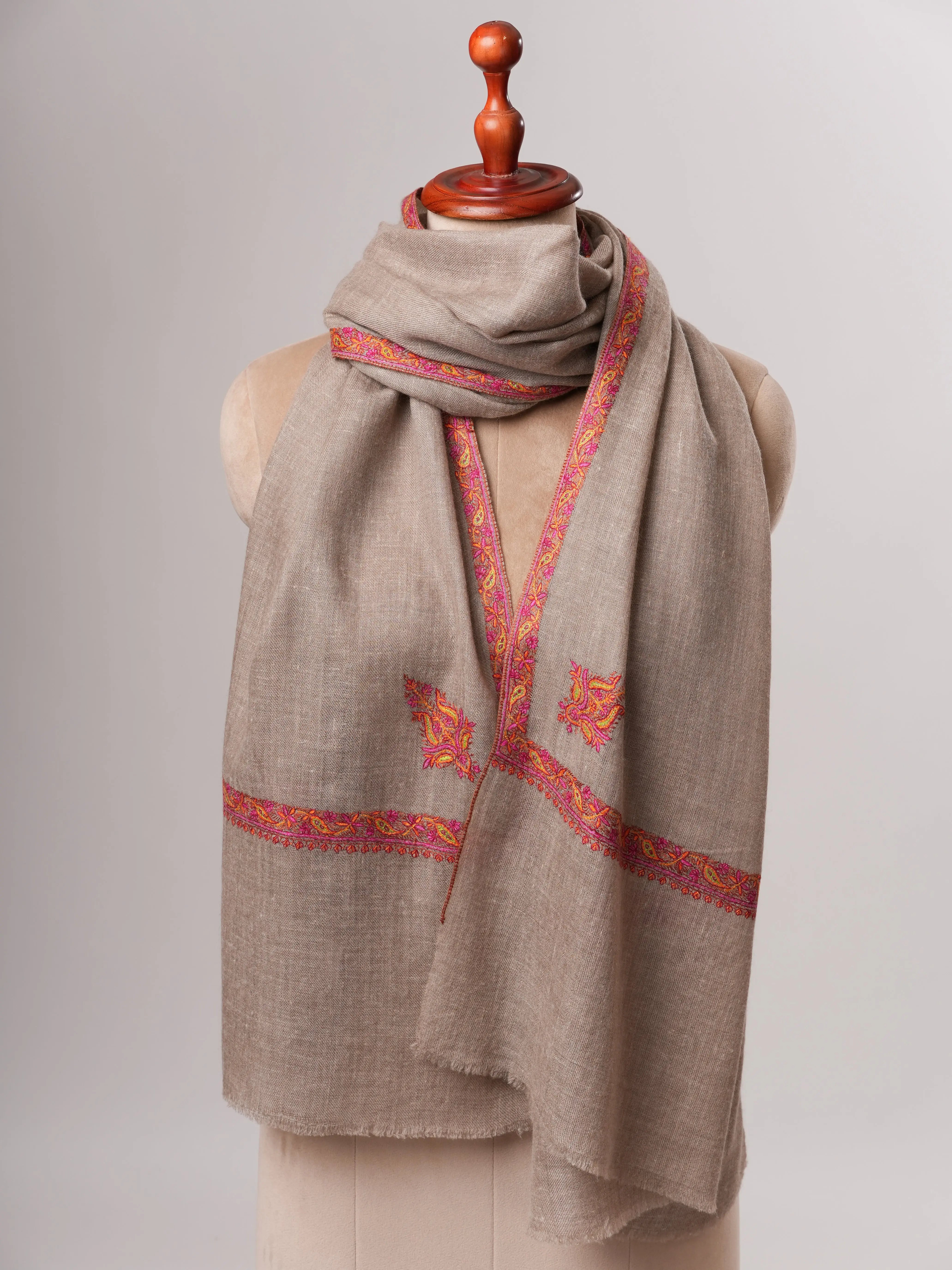 Natural Grey Hashia Embroidered Cashmere Soft Scarf Shahkaar