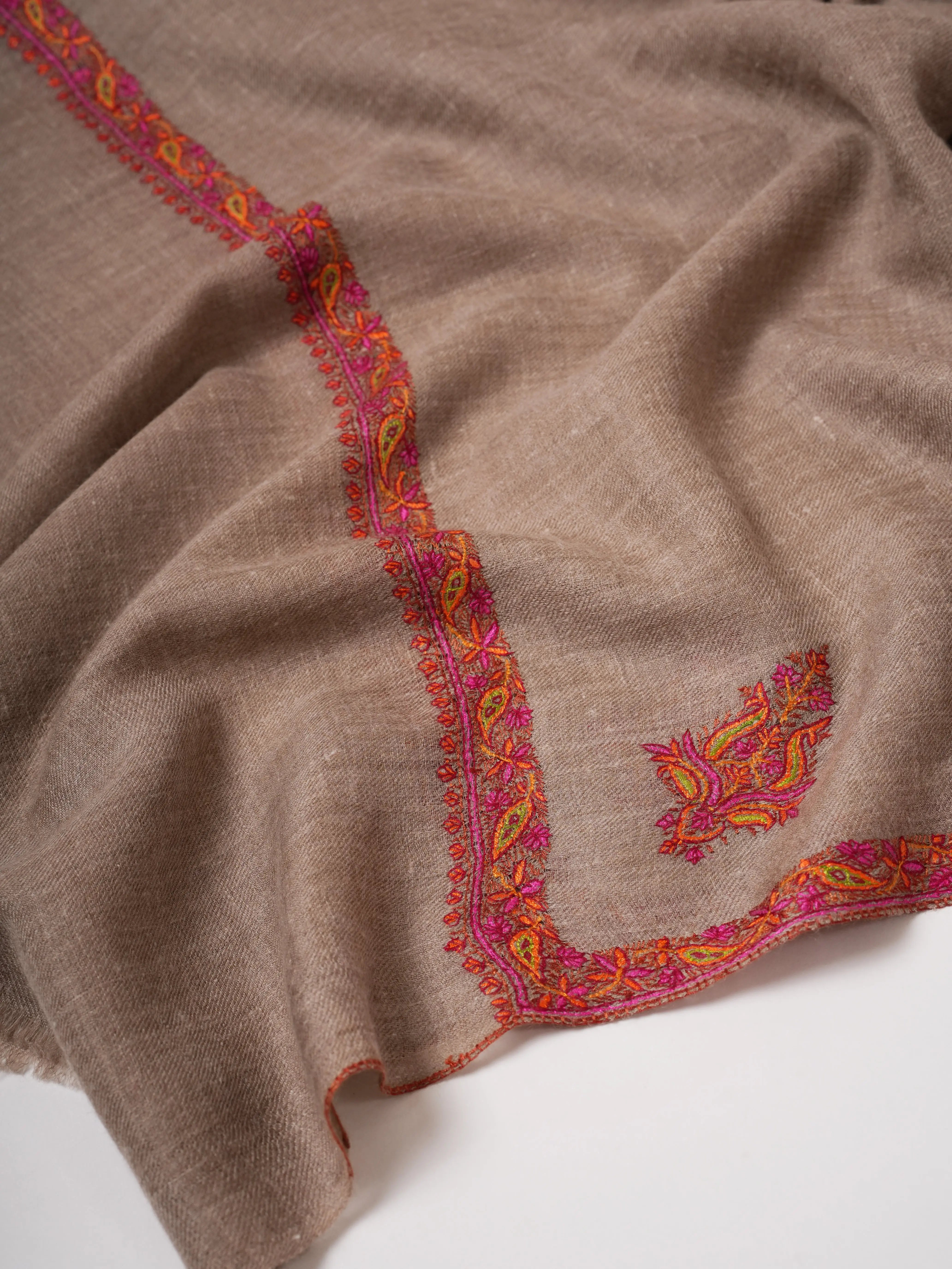 Natural Grey Hashia Embroidered Cashmere Soft Scarf Shahkaar