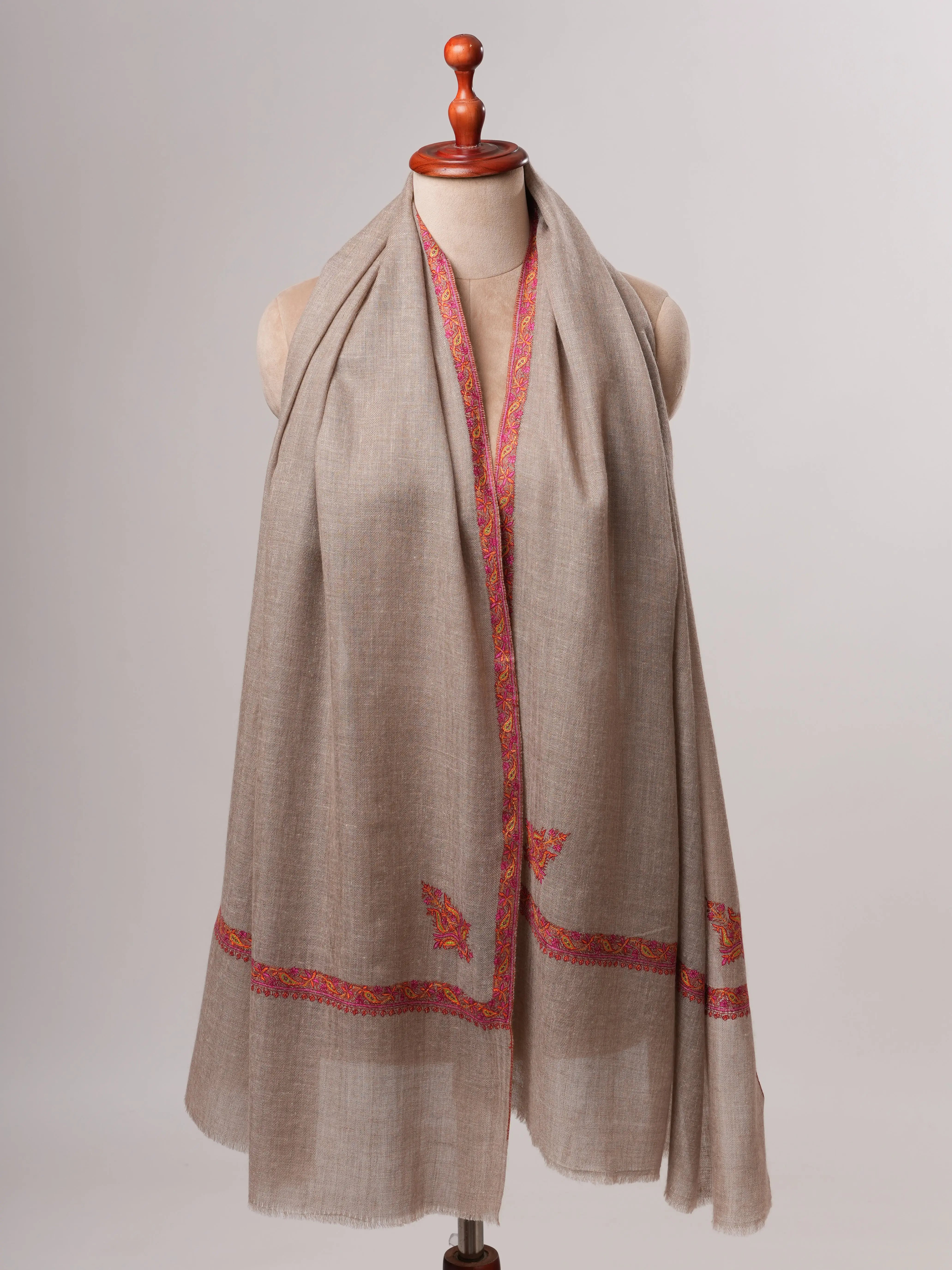 Natural Grey Hashia Embroidered Cashmere Soft Scarf Shahkaar