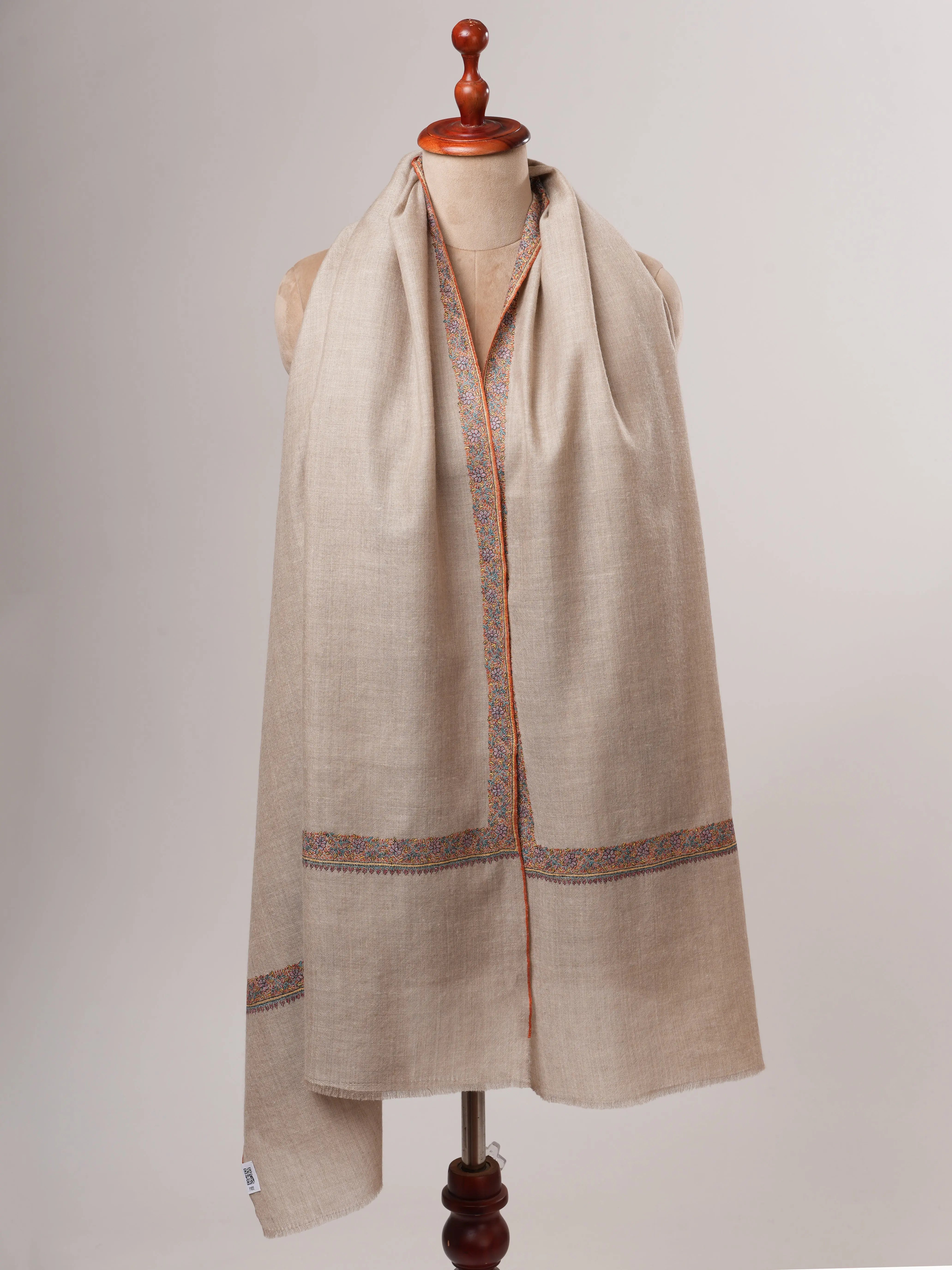 Natural Grey Kashmiri Pashmina Shawl – Hand Embroidered Hashia Border Shahkaar