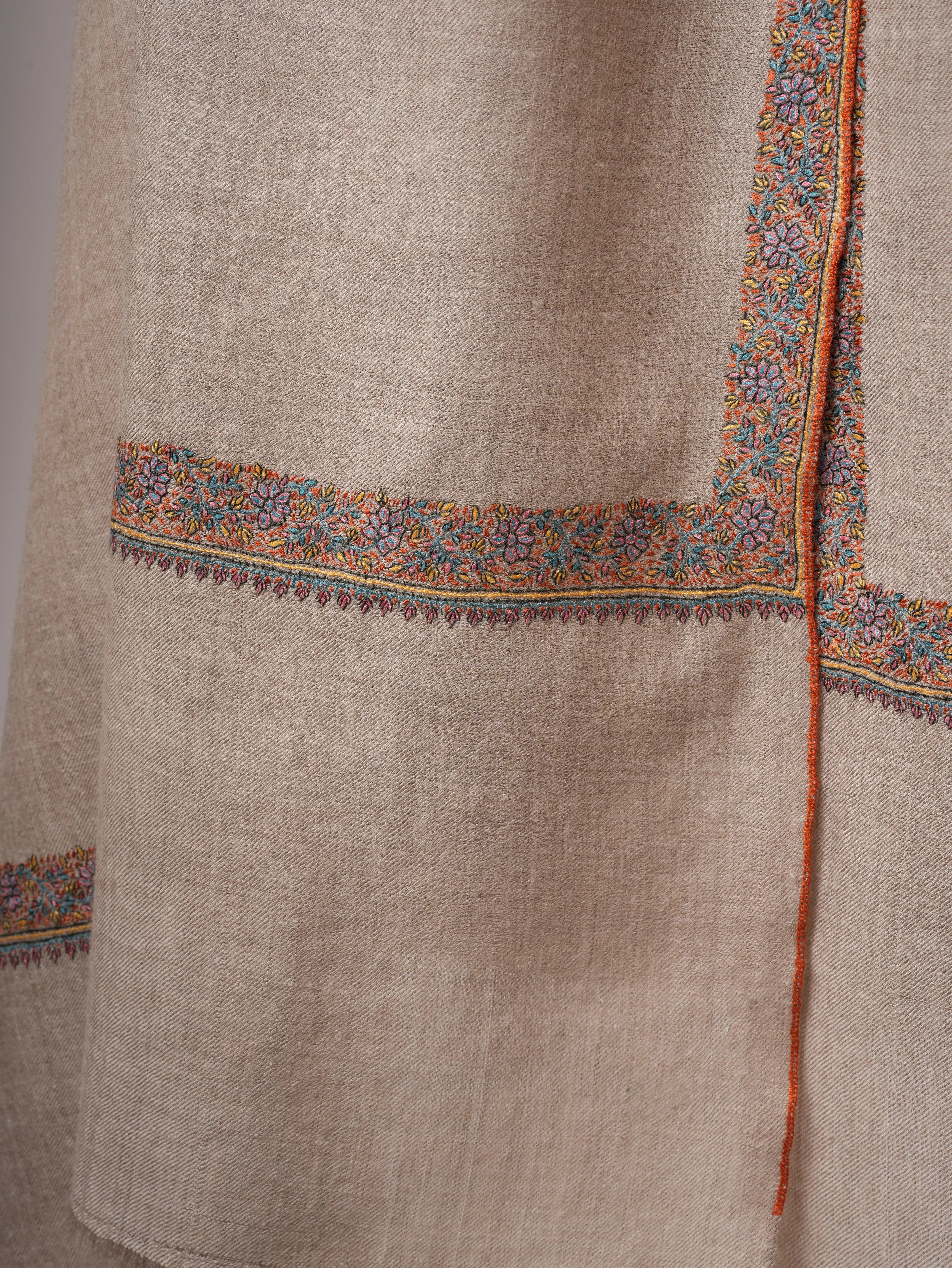 Natural Grey Kashmiri Pashmina Shawl – Hand Embroidered Hashia Border Shahkaar