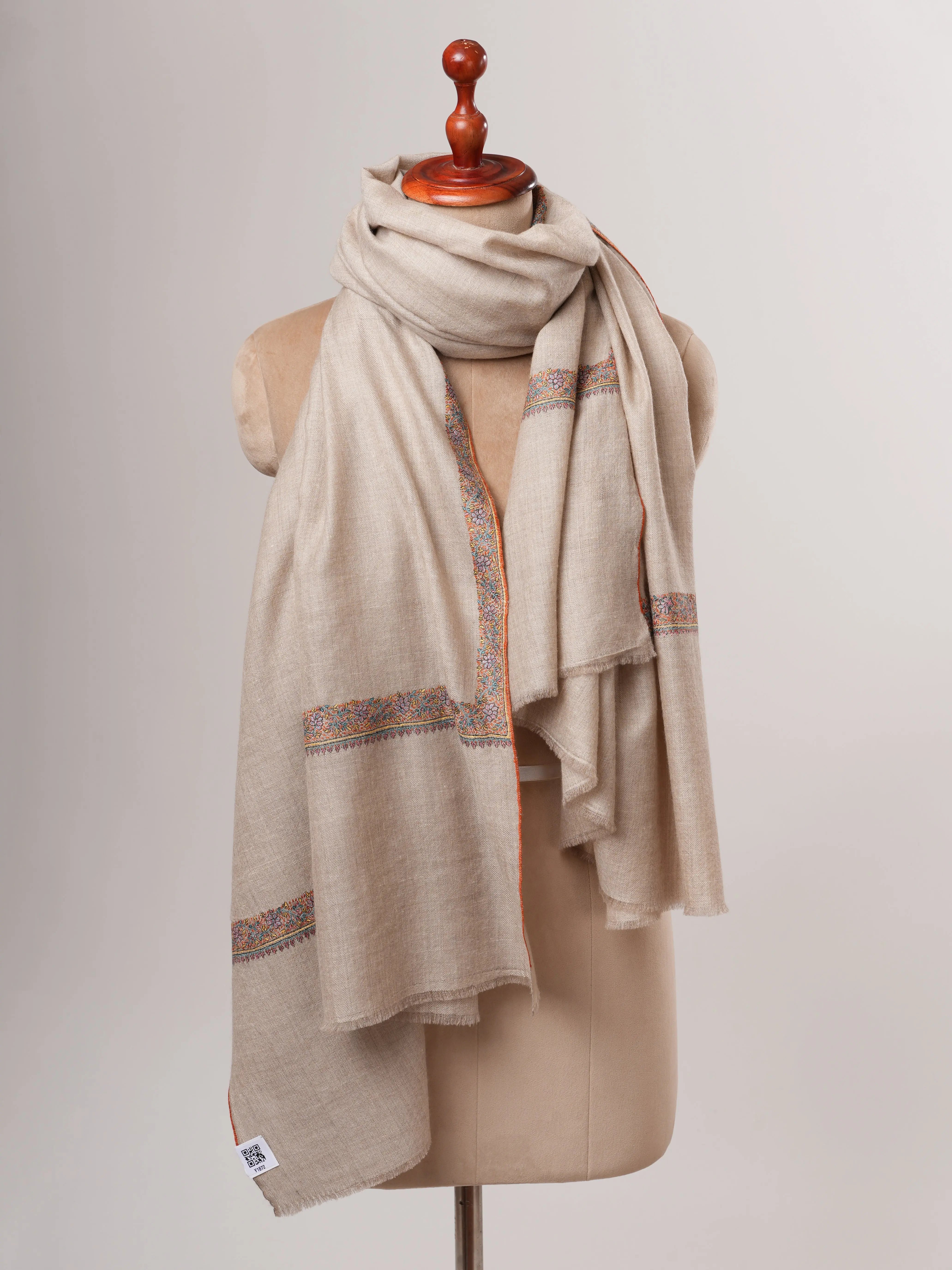 Natural Grey Kashmiri Pashmina Shawl – Hand Embroidered Hashia Border Shahkaar
