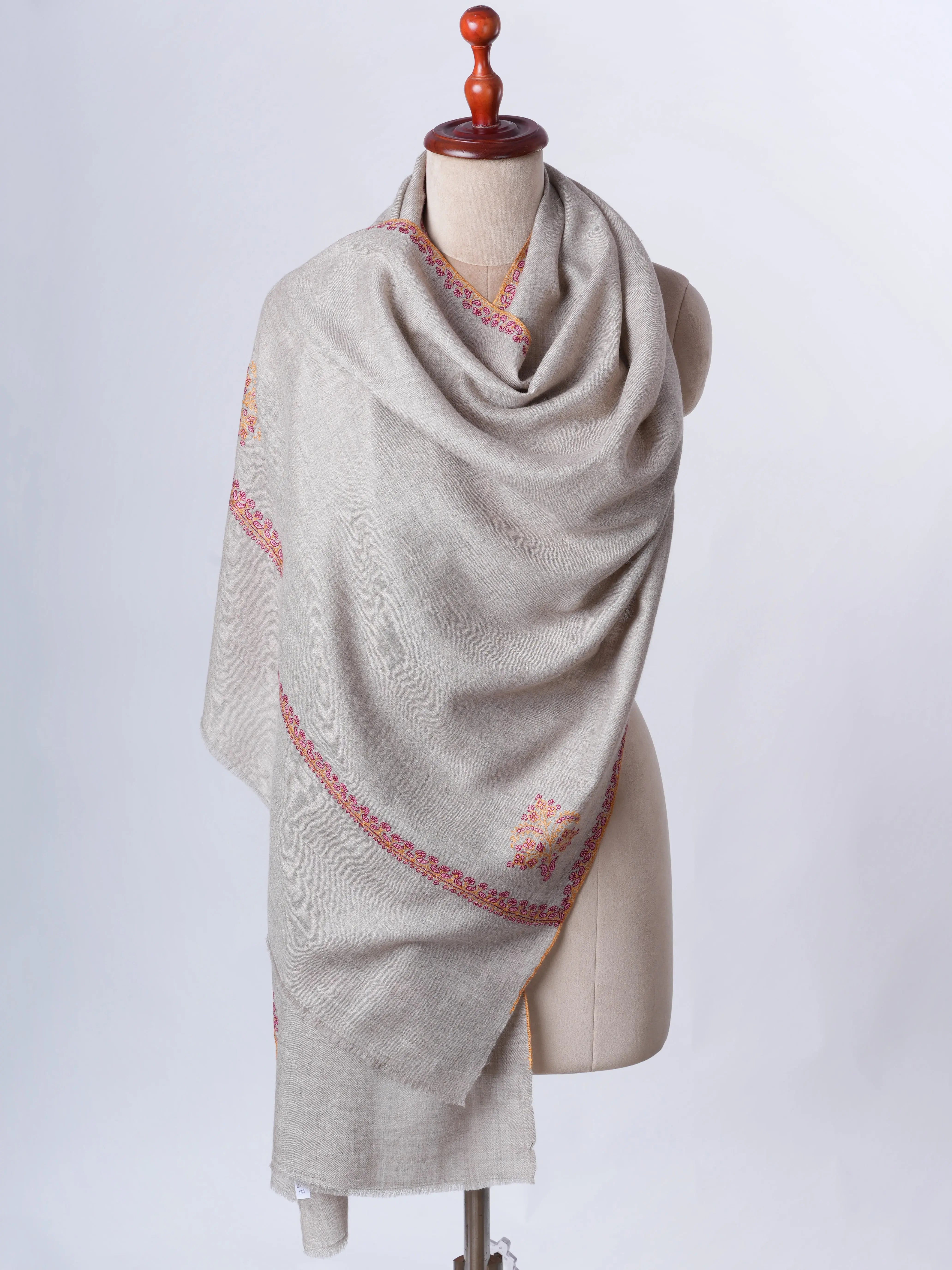 Natural Grey Baby Soft Cashmere Scarf with Hand Embroidered Hashia Border Shahkaar