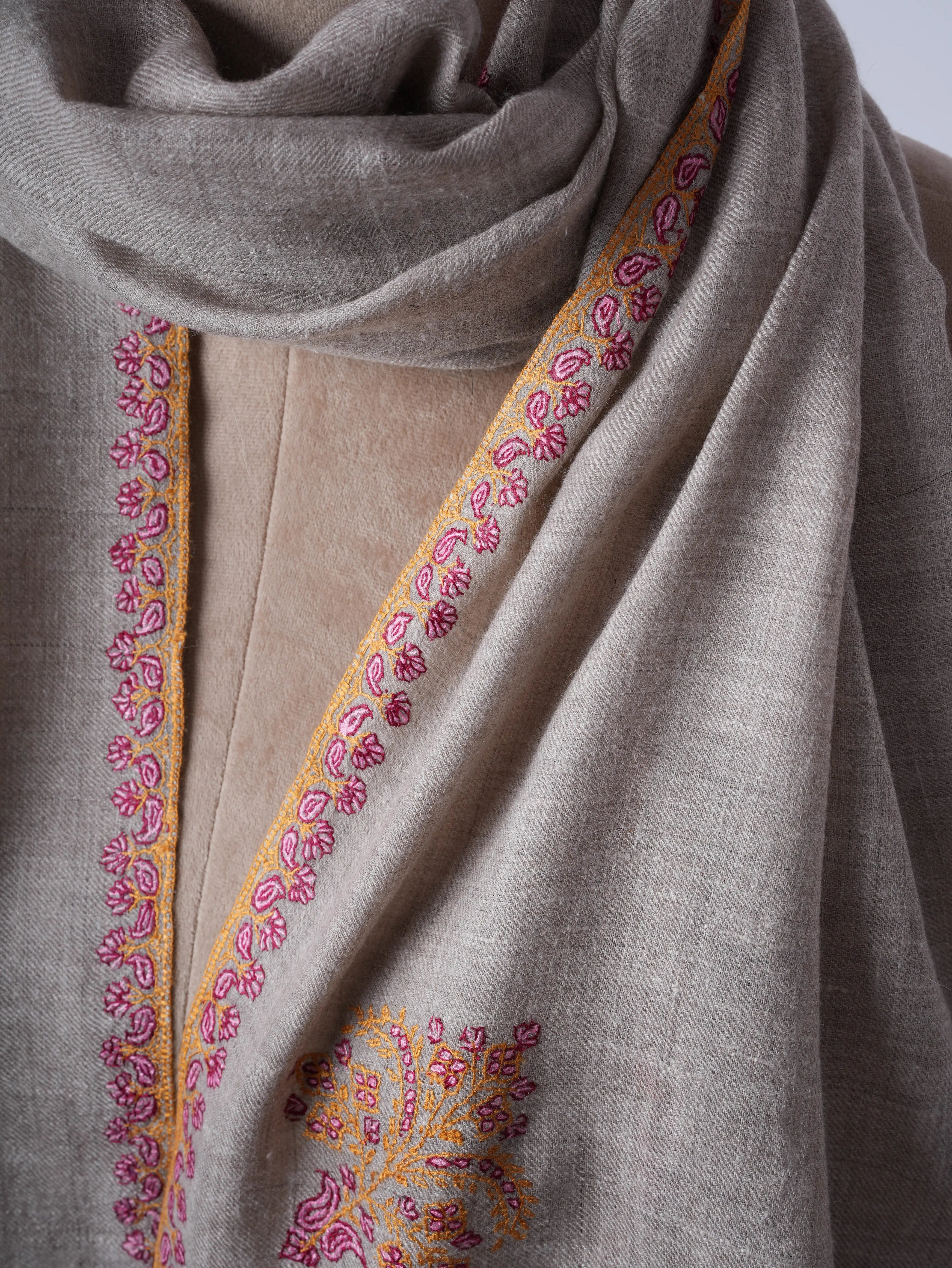 Natural Grey Baby Soft Cashmere Scarf with Hand Embroidered Hashia Border Shahkaar