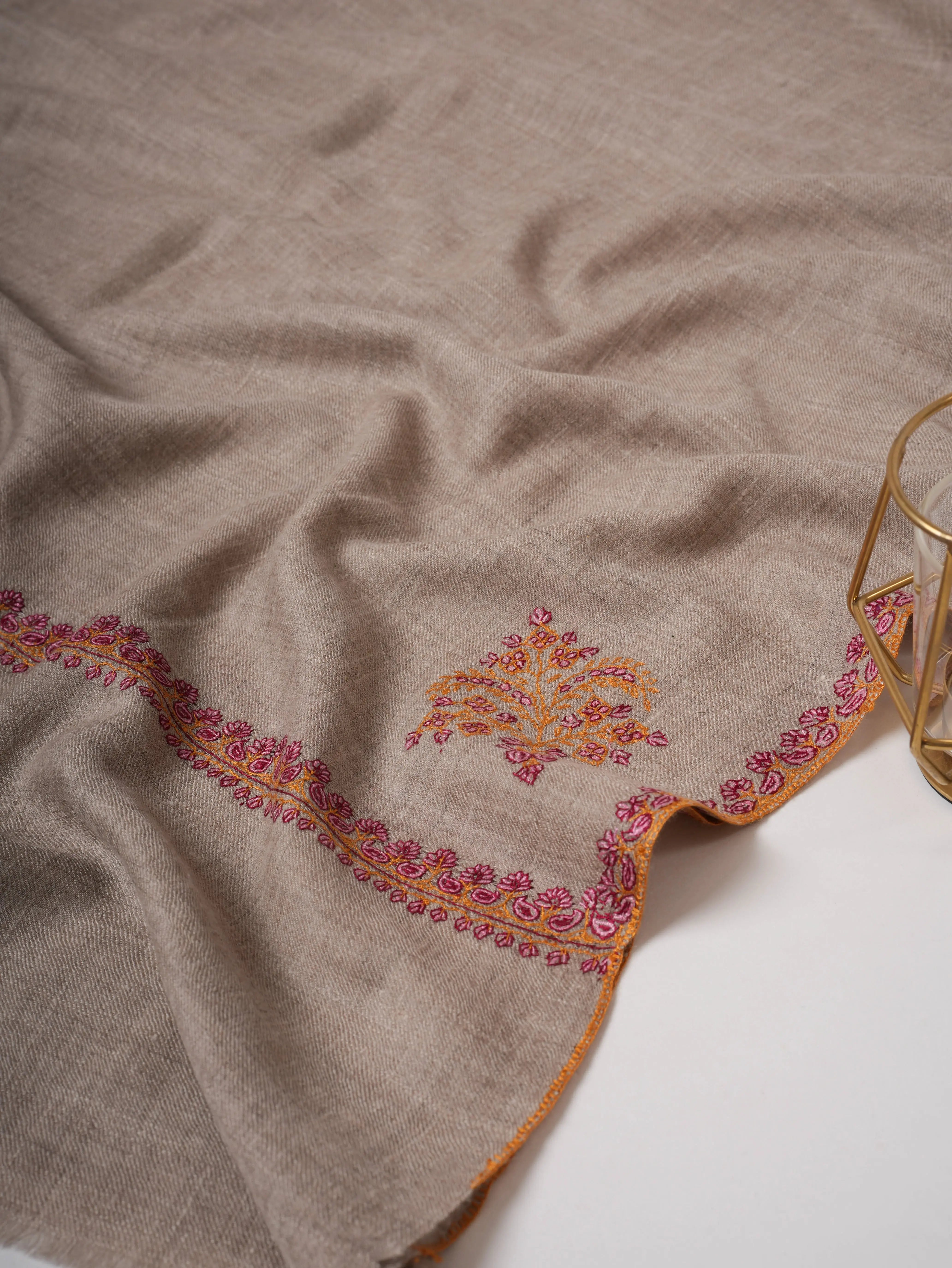 Natural Grey Baby Soft Cashmere Scarf with Hand Embroidered Hashia Border Shahkaar