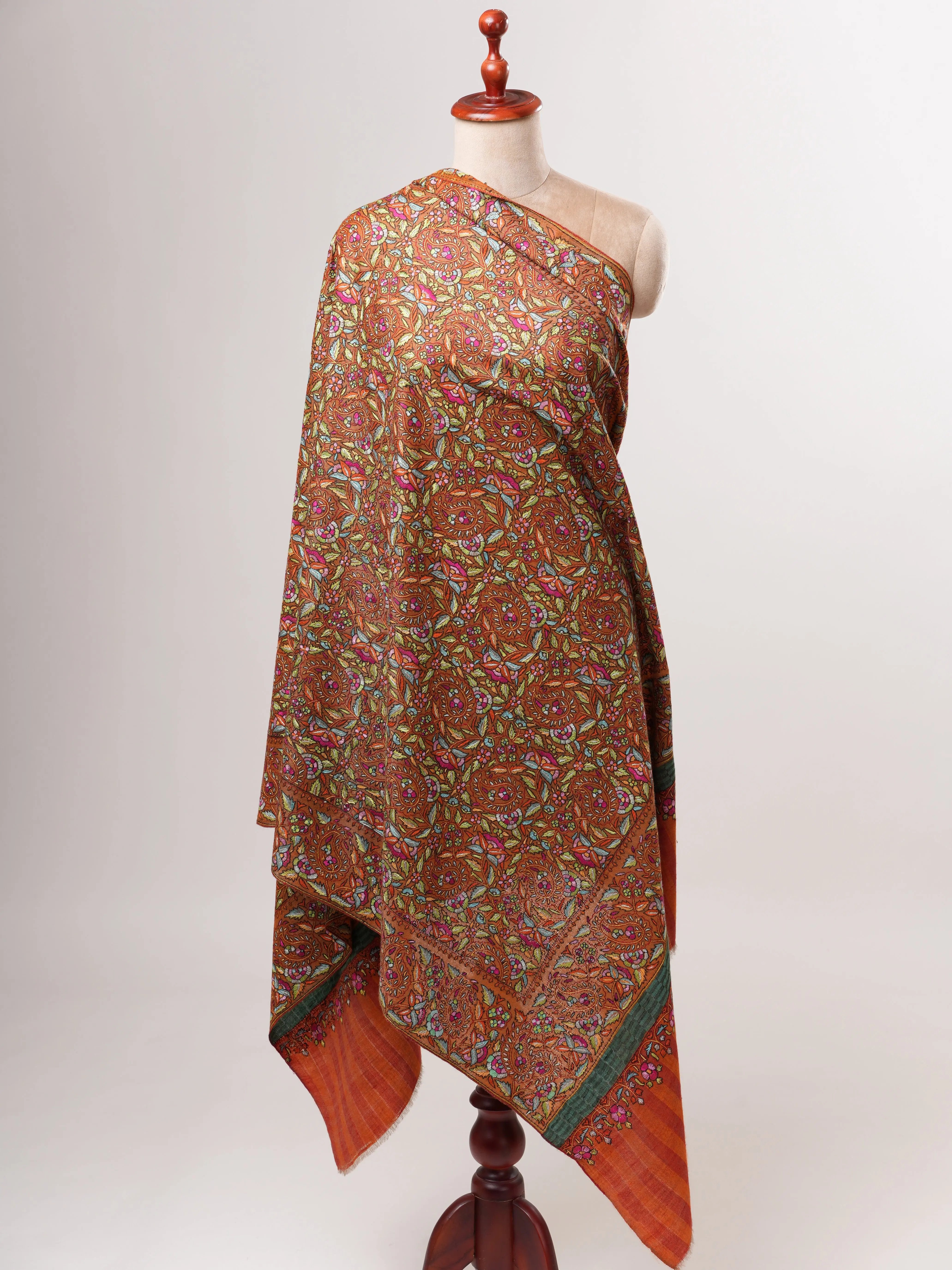 Orange Papermachie Hand Embroidered Pashmina Shawl with Dual Shade Stripes Shahkaar