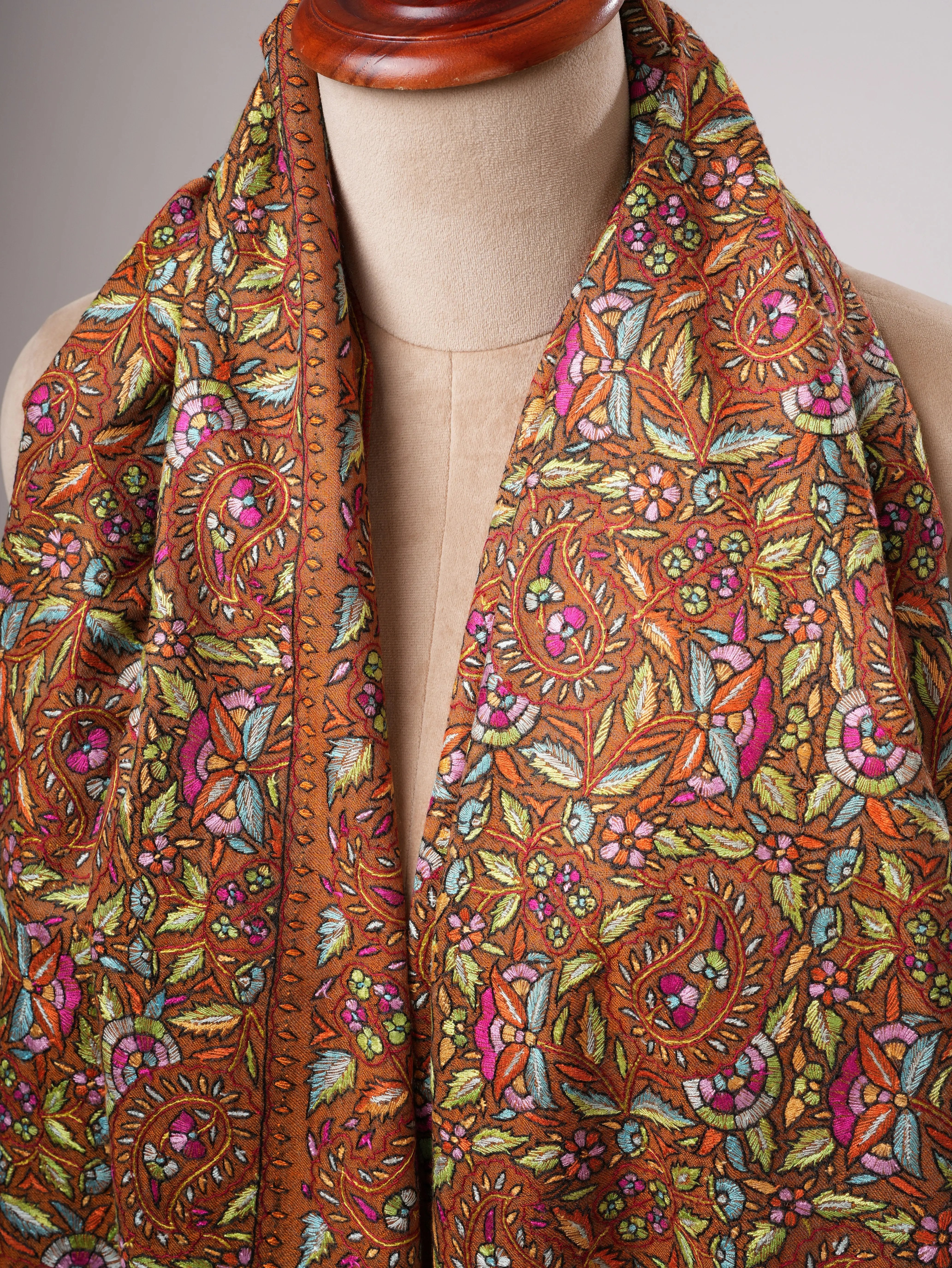 Orange Papermachie Hand Embroidered Pashmina Shawl with Dual Shade Stripes Shahkaar