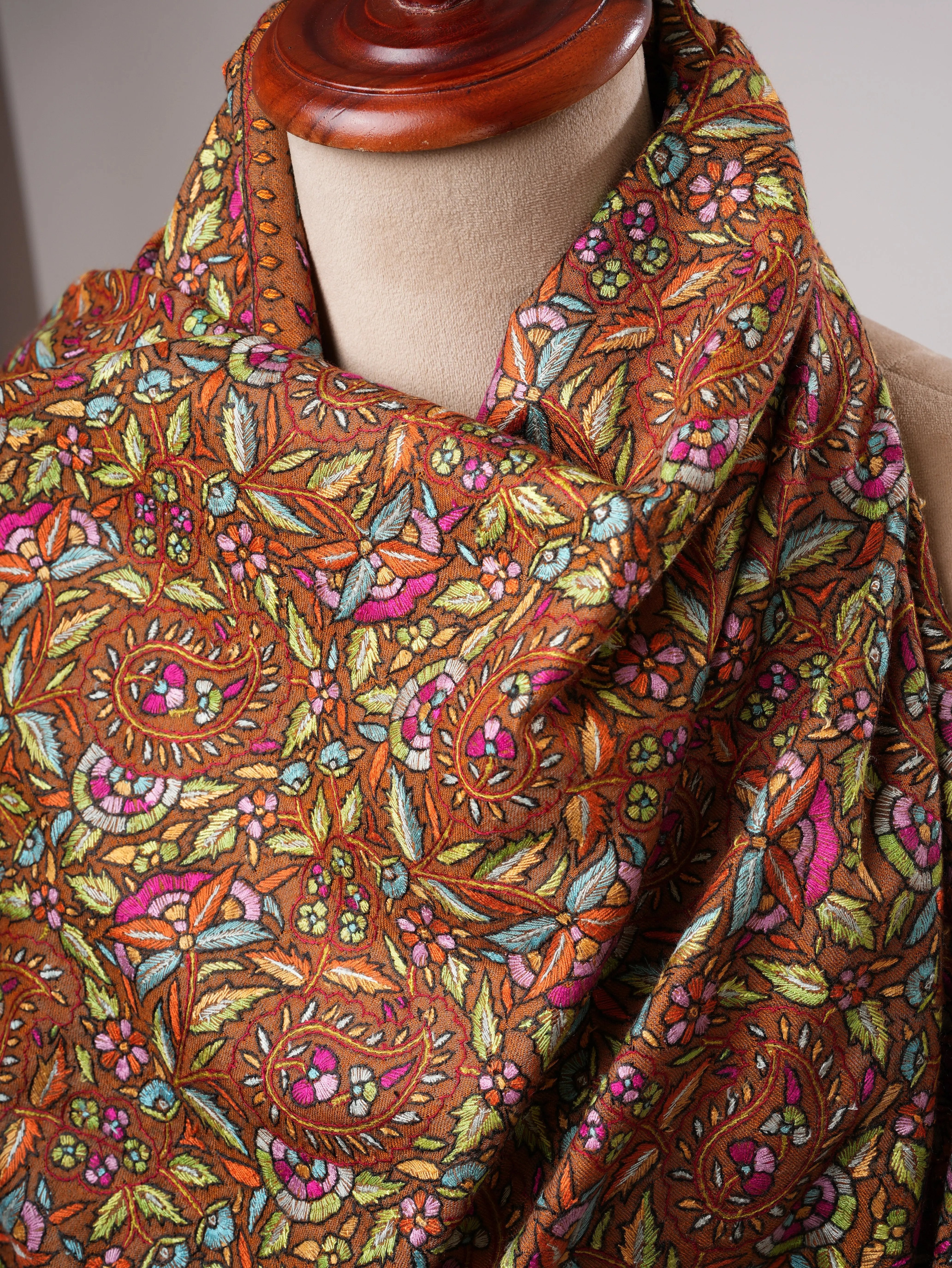 Orange Papermachie Hand Embroidered Pashmina Shawl with Dual Shade Stripes Shahkaar