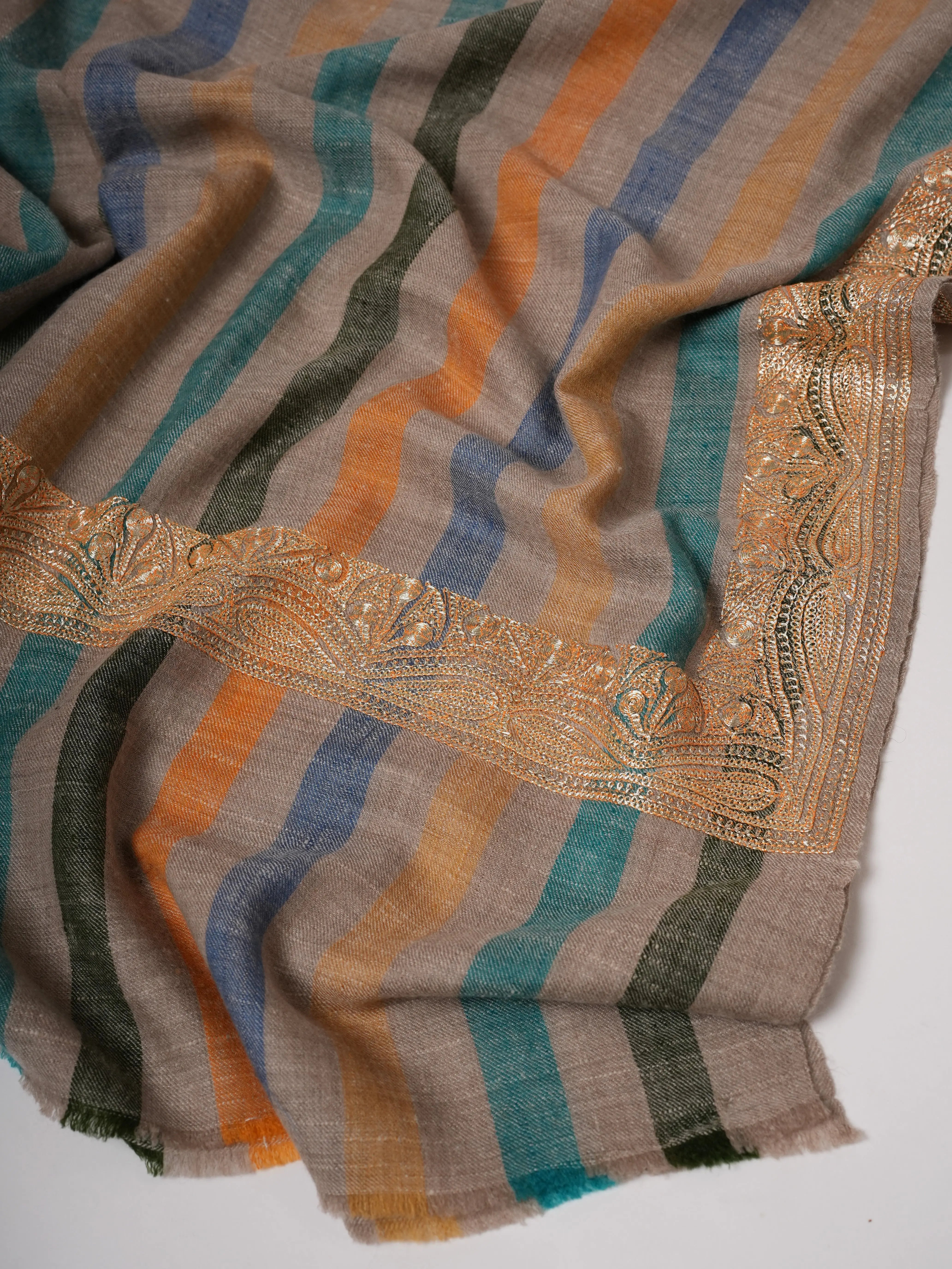 Striped Pashmina Shawl with Gold Tilla Daurdar Embroidery Shahkaar