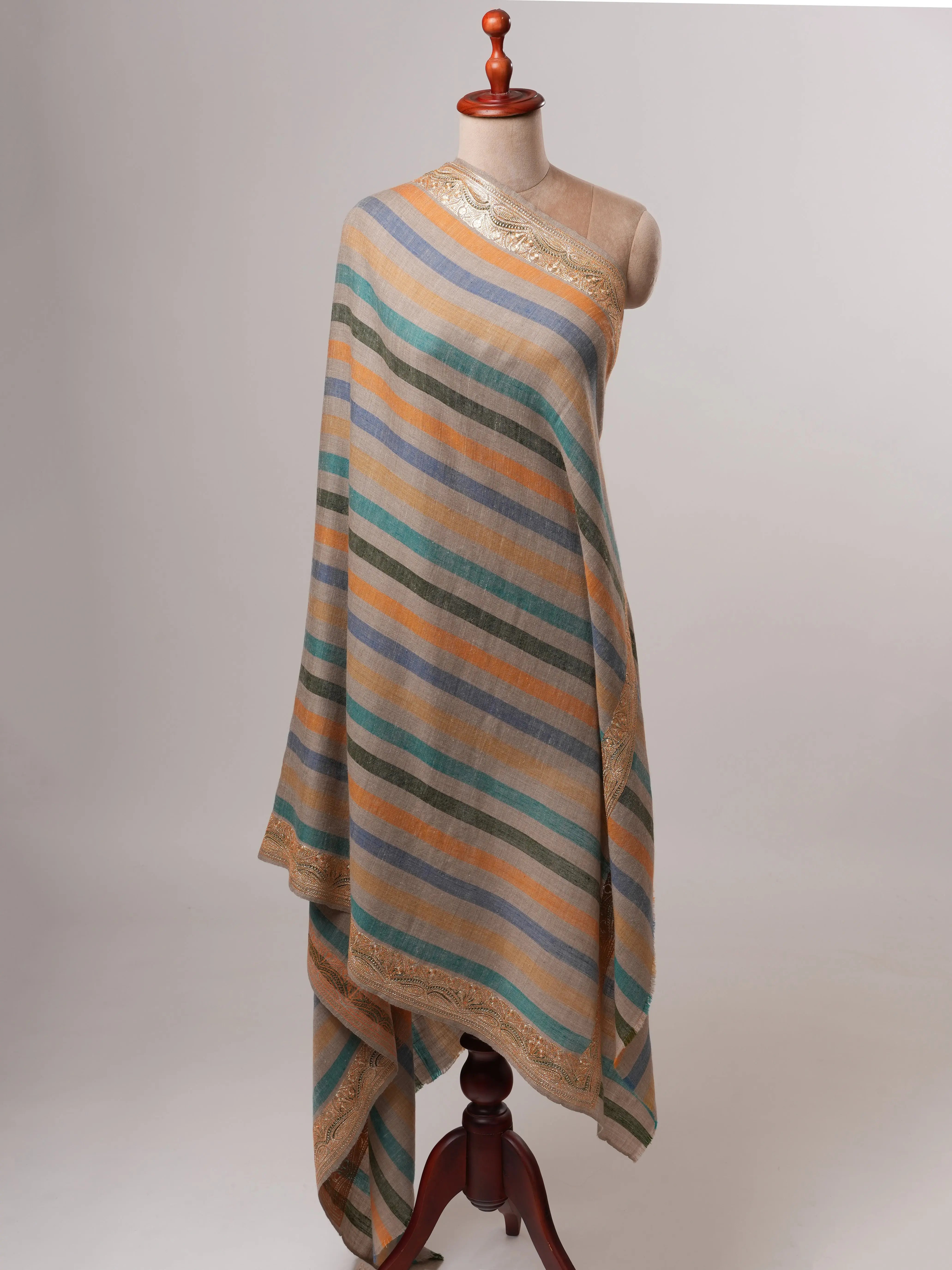 Striped Pashmina Shawl with Gold Tilla Daurdar Embroidery Shahkaar