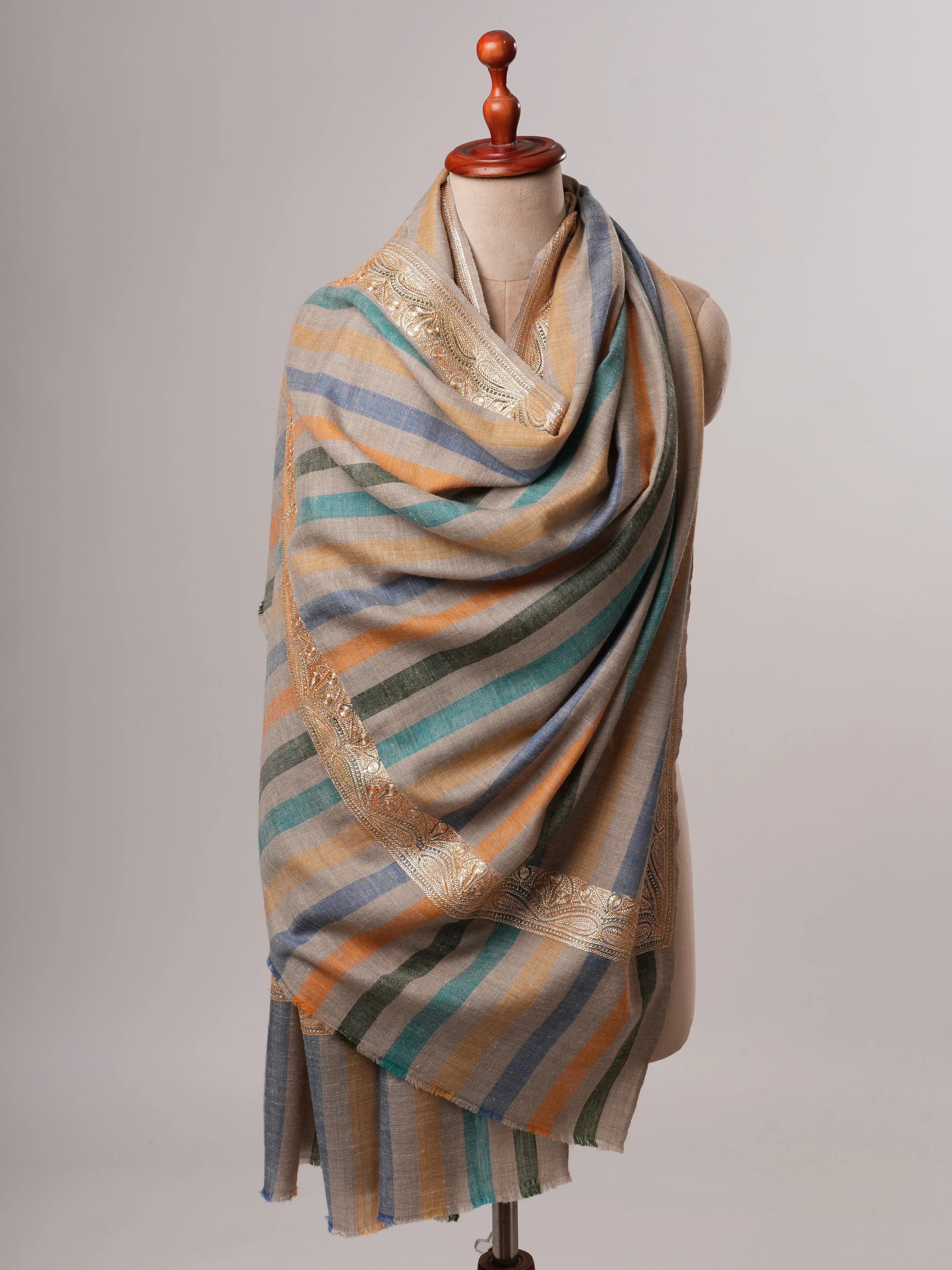 Striped Pashmina Shawl with Gold Tilla Daurdar Embroidery Shahkaar