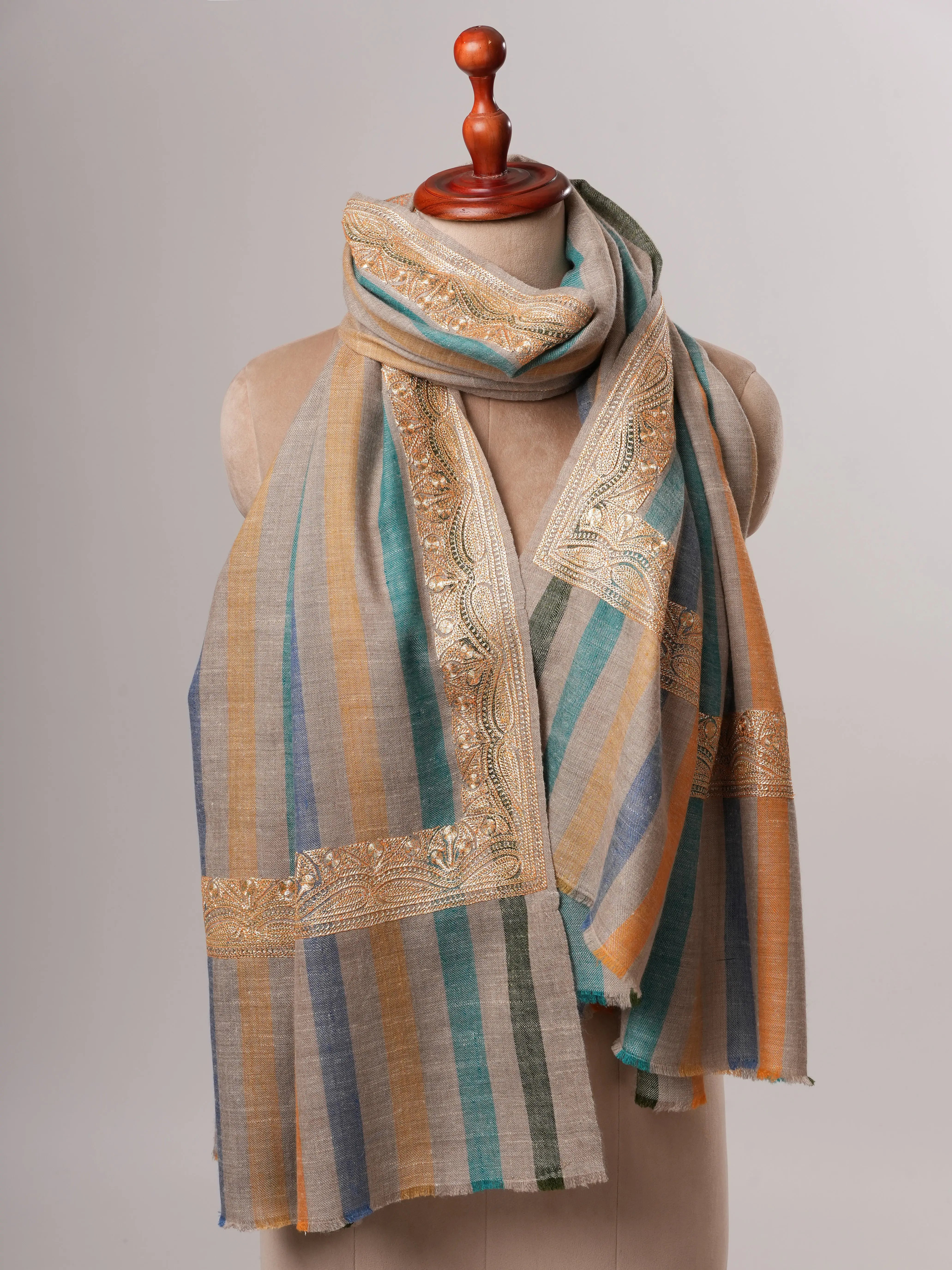 Striped Pashmina Shawl with Gold Tilla Daurdar Embroidery Shahkaar