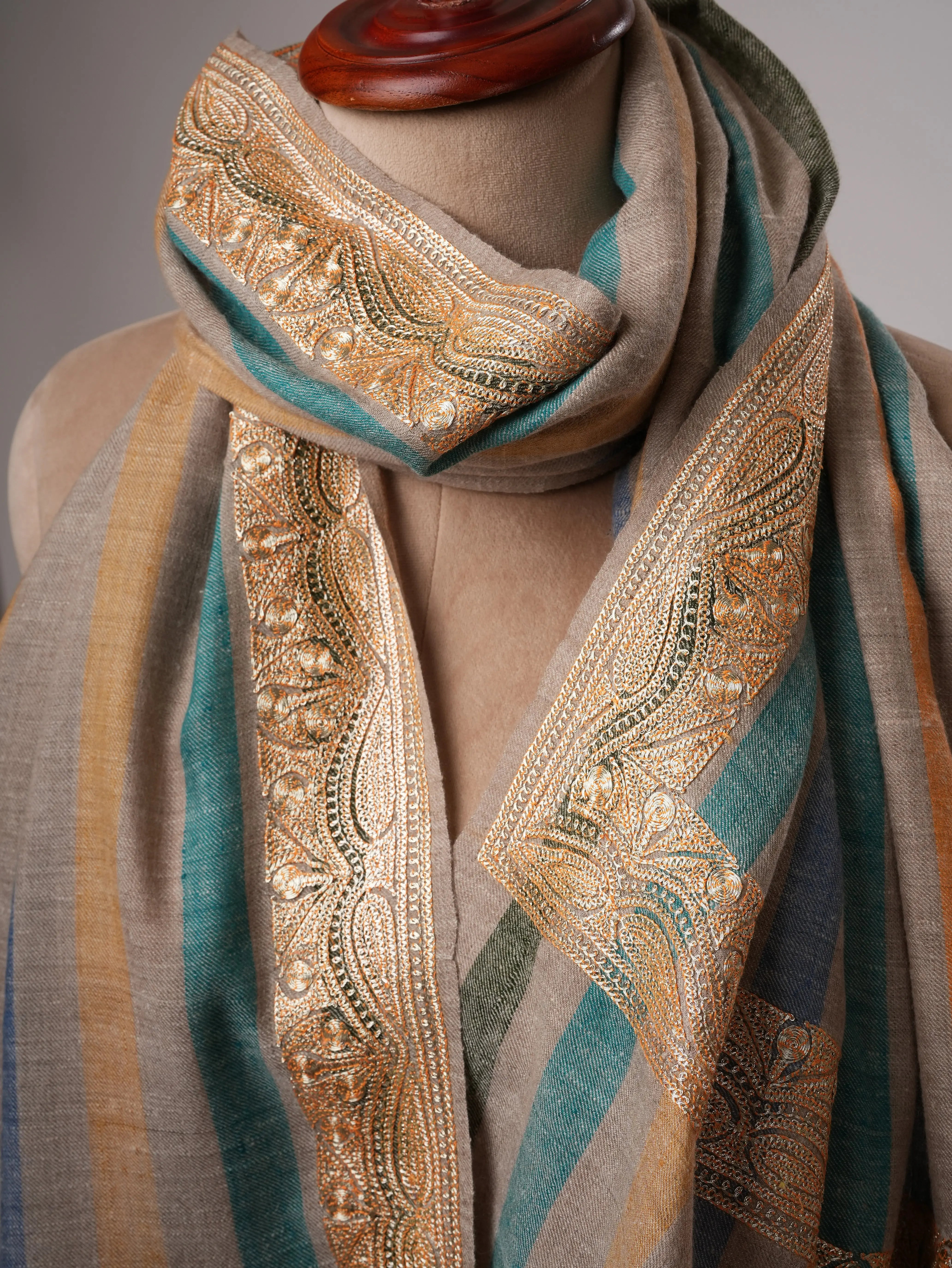 Striped Pashmina Shawl with Gold Tilla Daurdar Embroidery Shahkaar