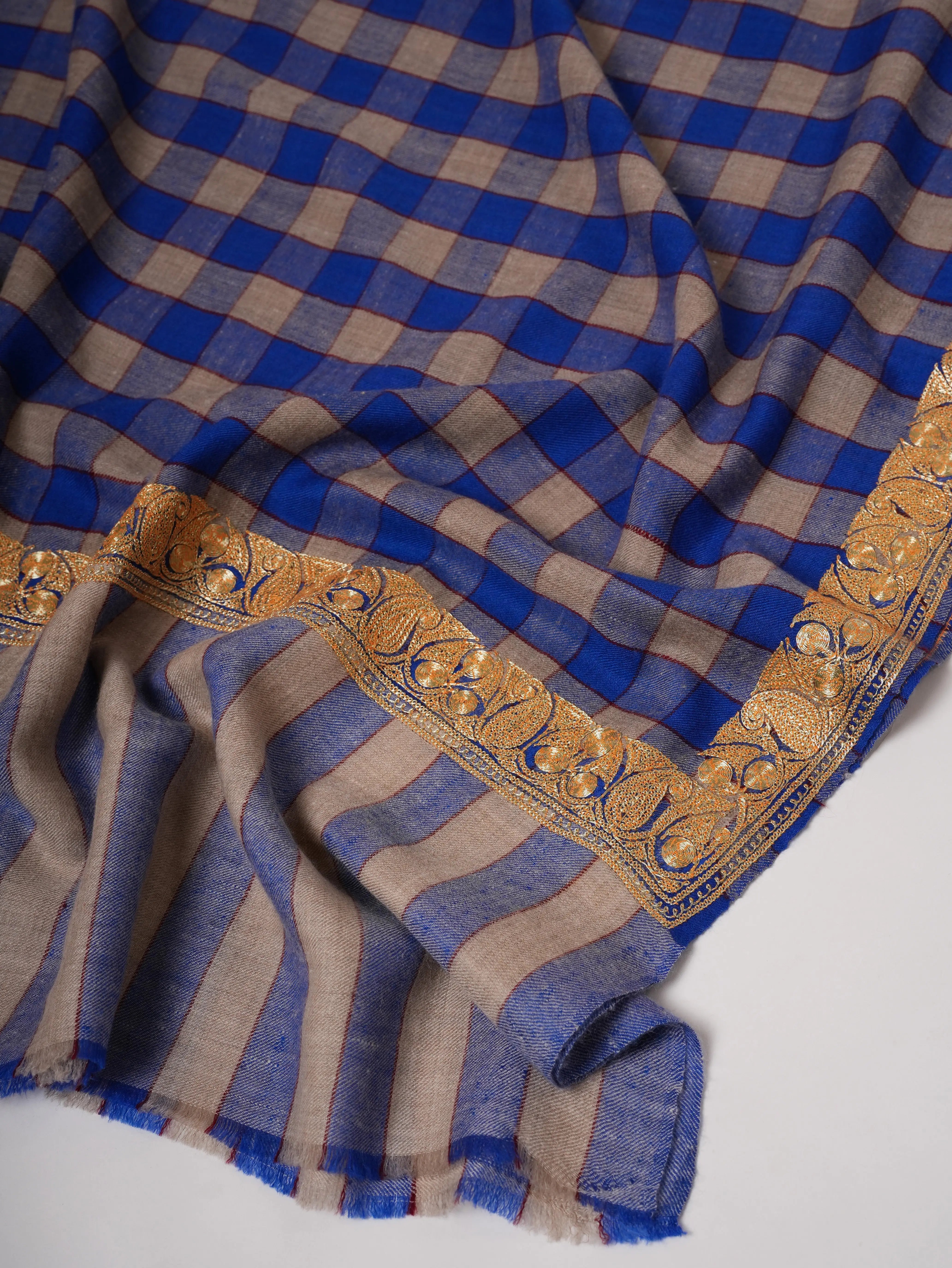 Check Pashmina Shawl with Neemdaur Gold Tilla Embroidery Shahkaar