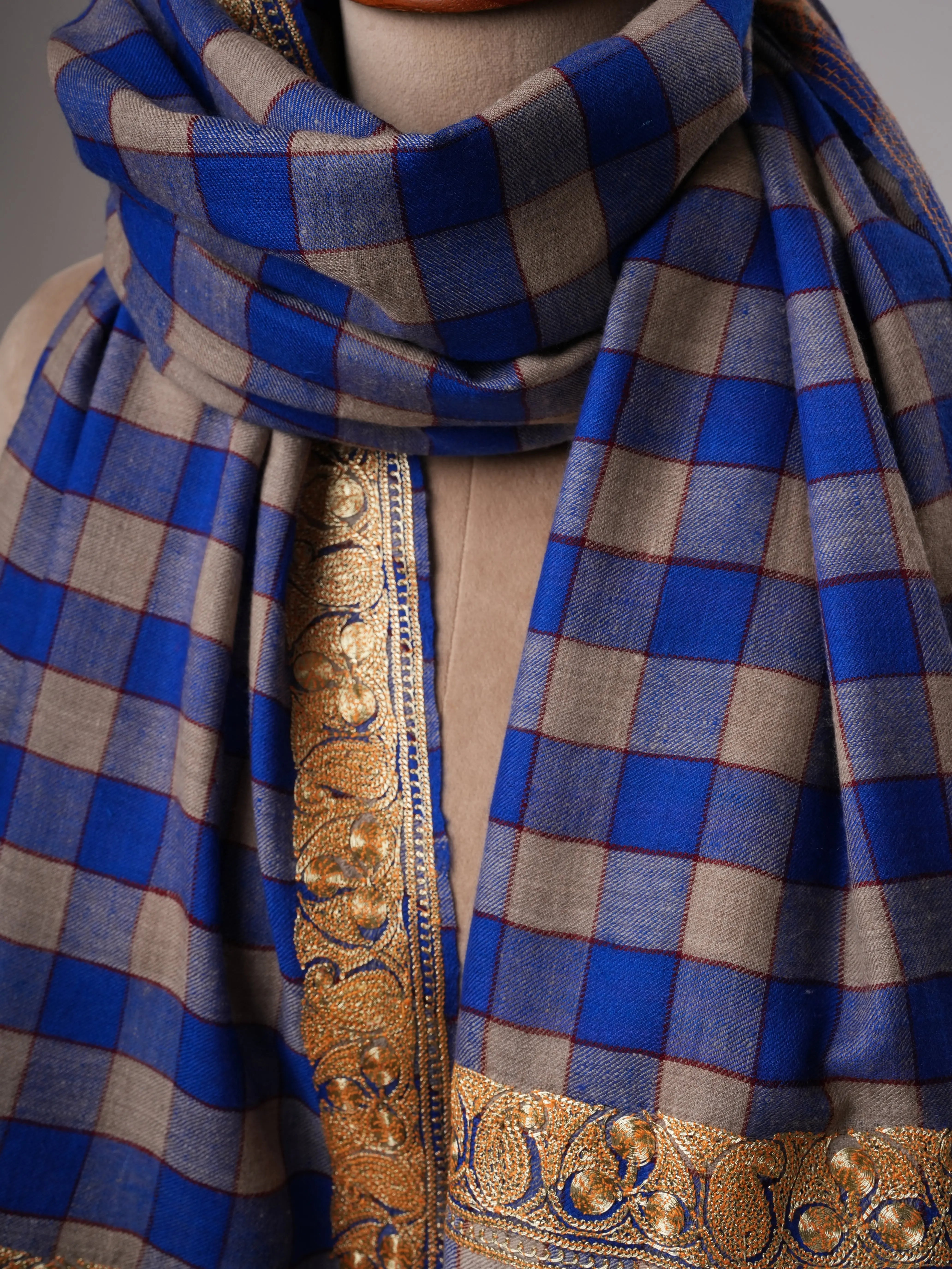 Check Pashmina Shawl with Neemdaur Gold Tilla Embroidery Shahkaar