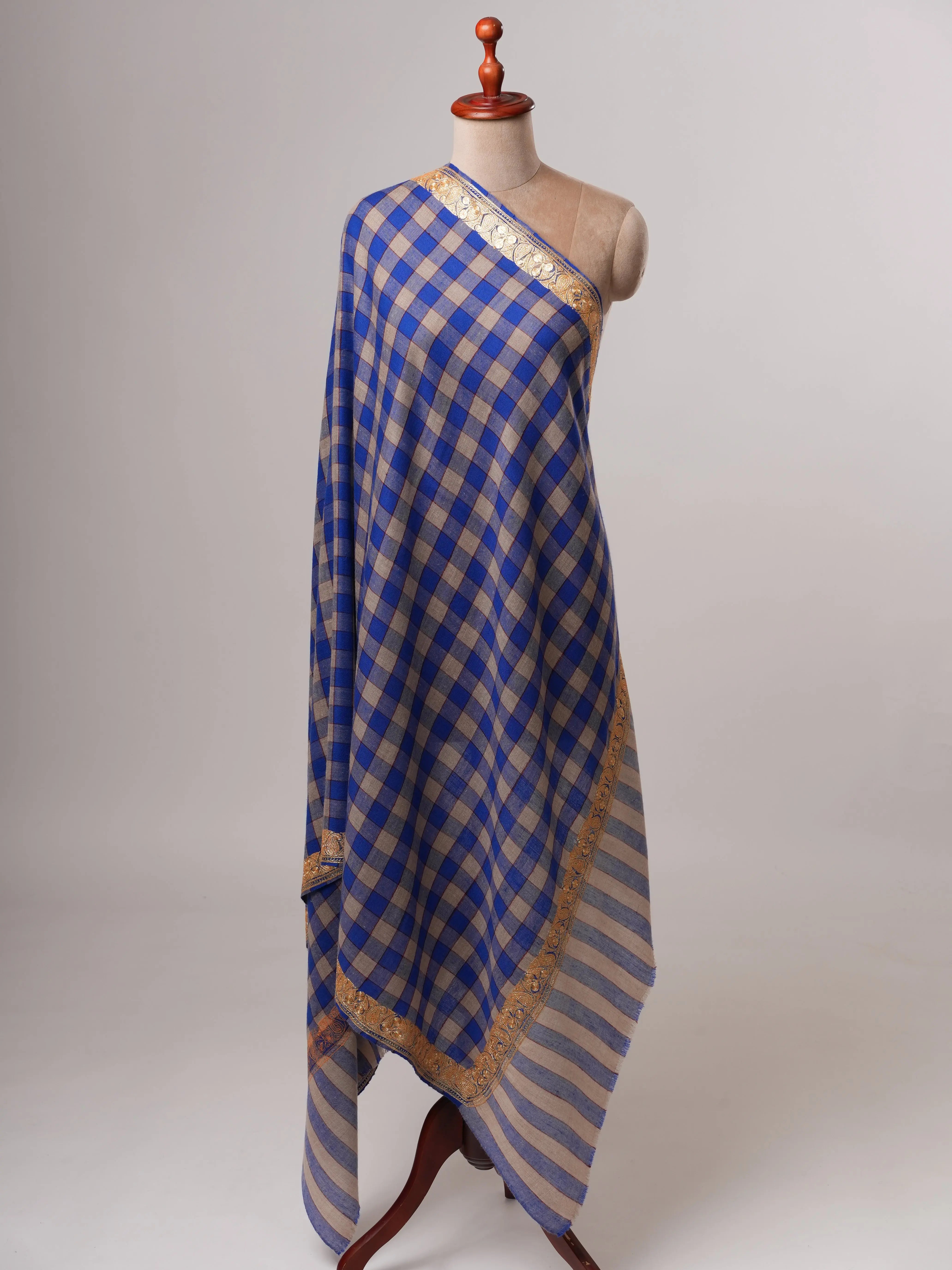 Check Pashmina Shawl with Neemdaur Gold Tilla Embroidery Shahkaar