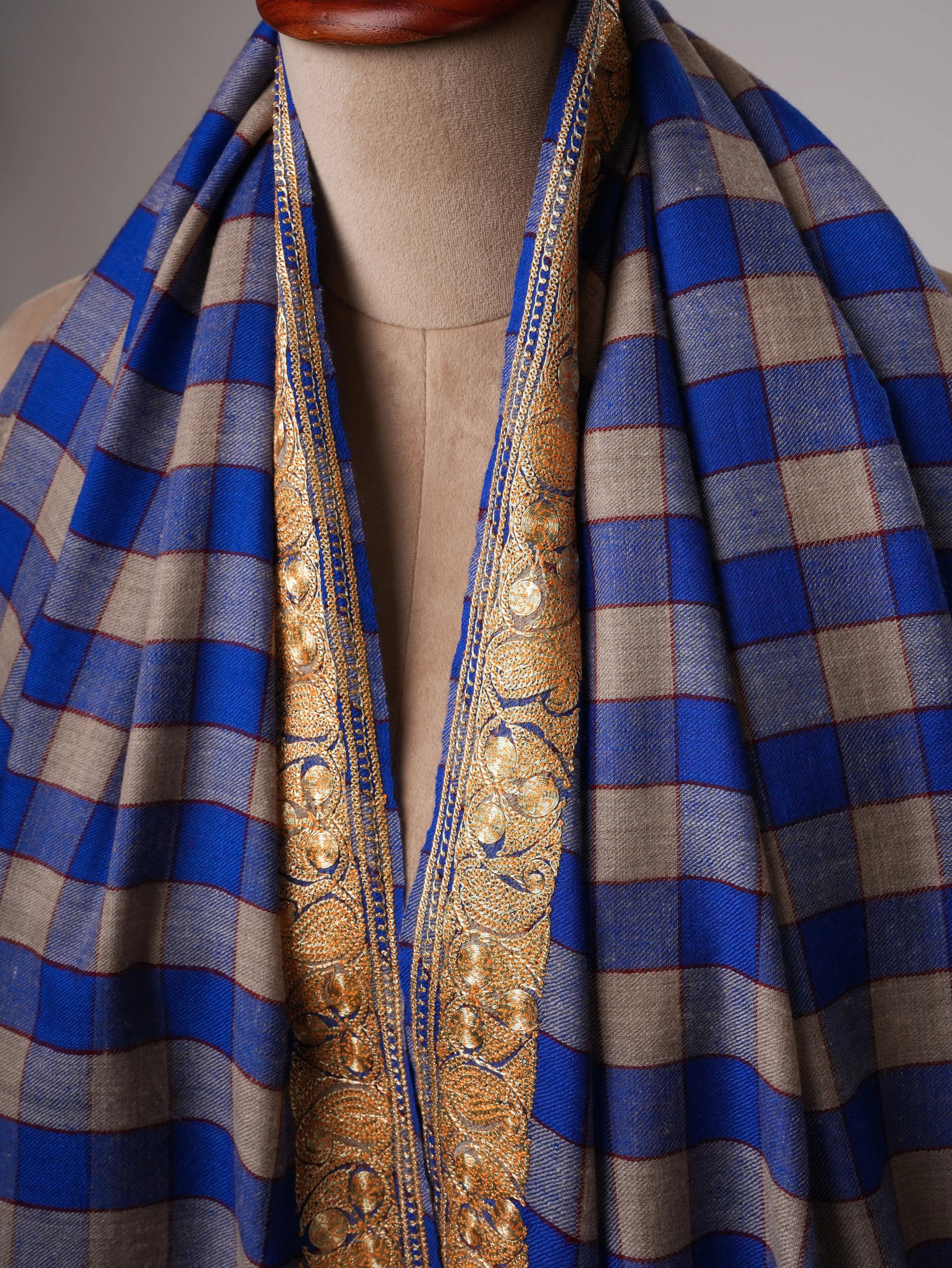 Check Pashmina Shawl with Neemdaur Gold Tilla Embroidery Shahkaar