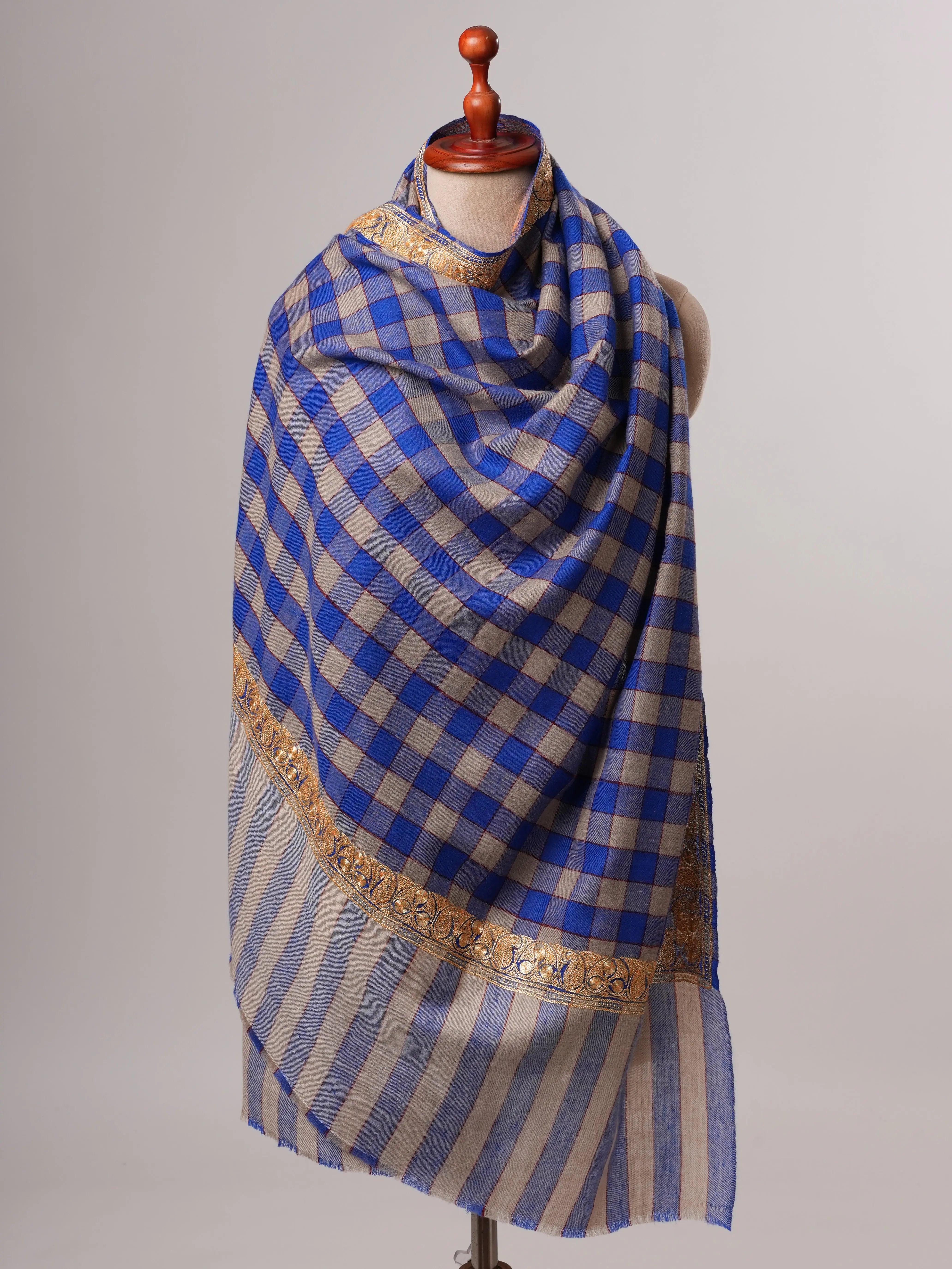 Check Pashmina Shawl with Neemdaur Gold Tilla Embroidery Shahkaar