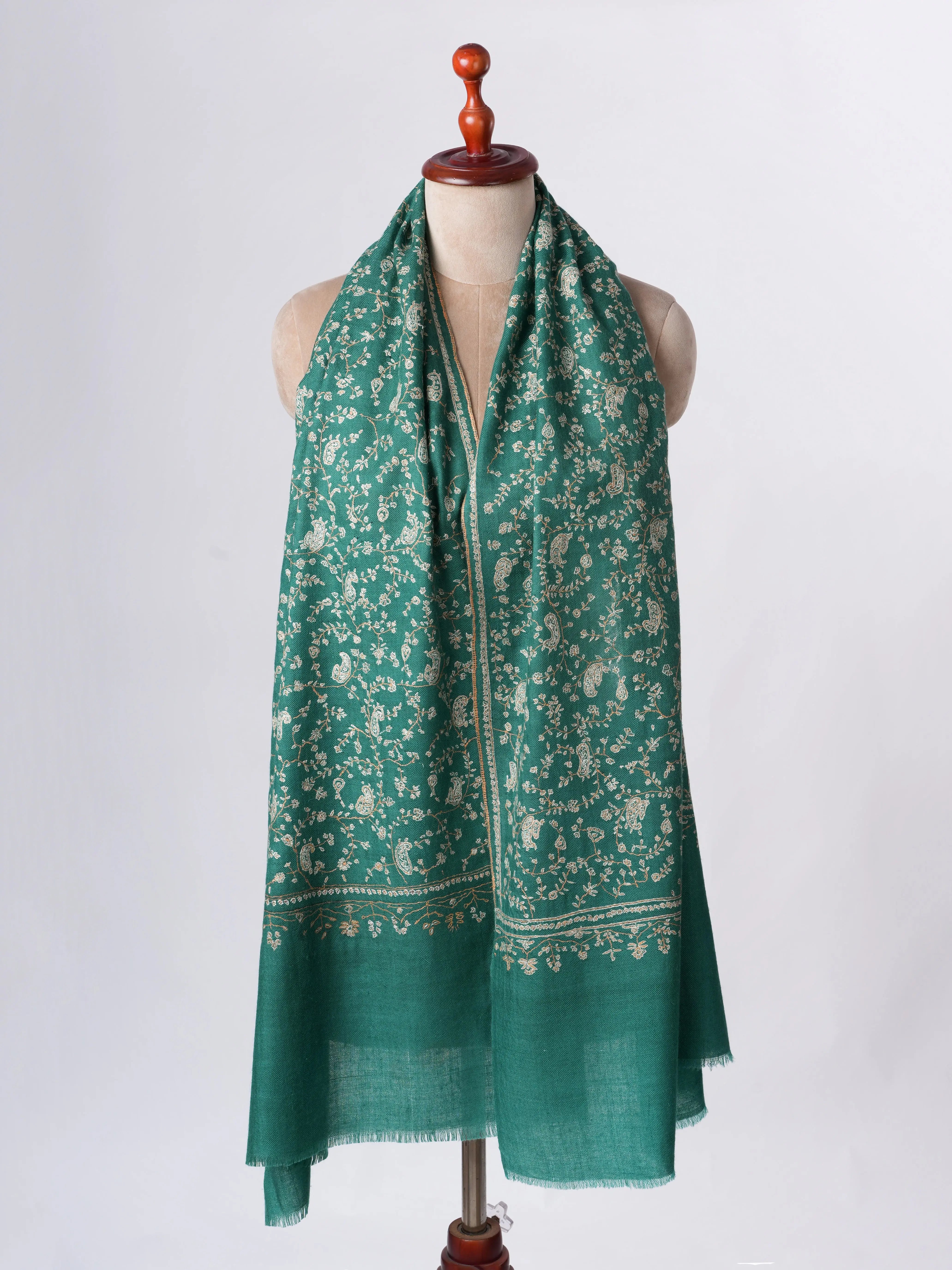 Green Jali Needlework Baby Soft Cashmere Scarf Shahkaar