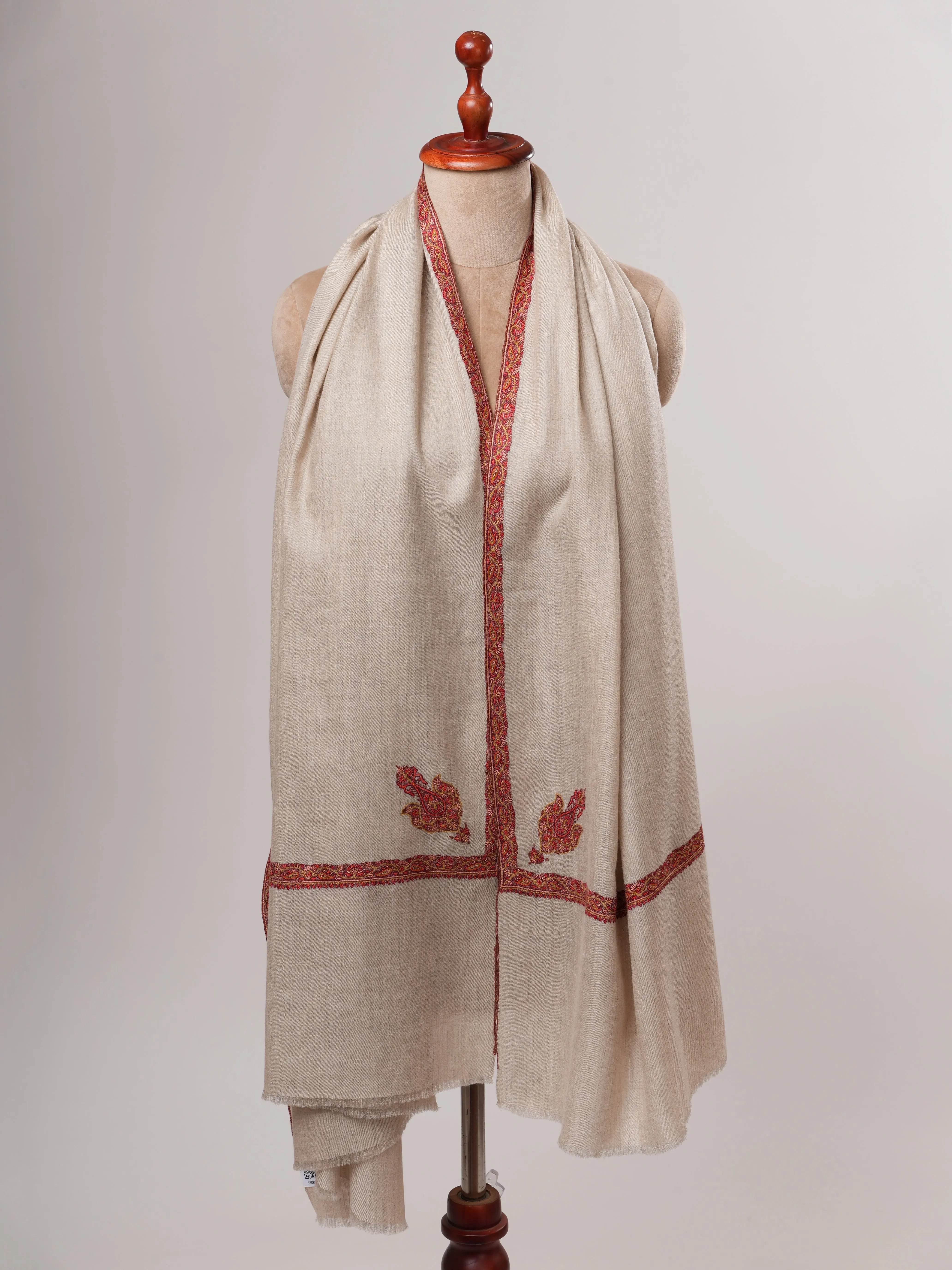 Natural Grey Handwoven Pashmina Shawl – Bail Embroidery Shahkaar