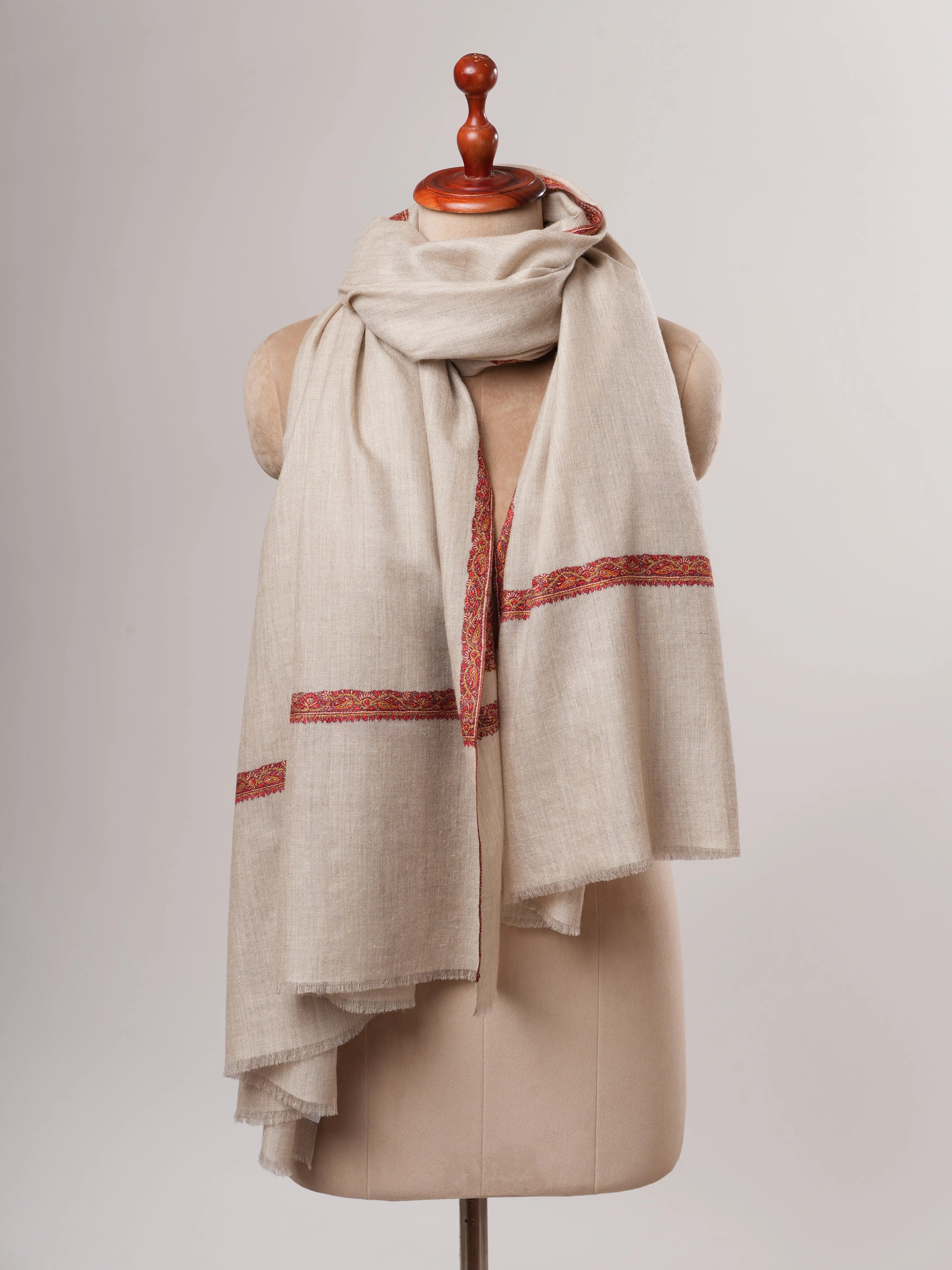 Natural Grey Handwoven Pashmina Shawl – Bail Embroidery Shahkaar