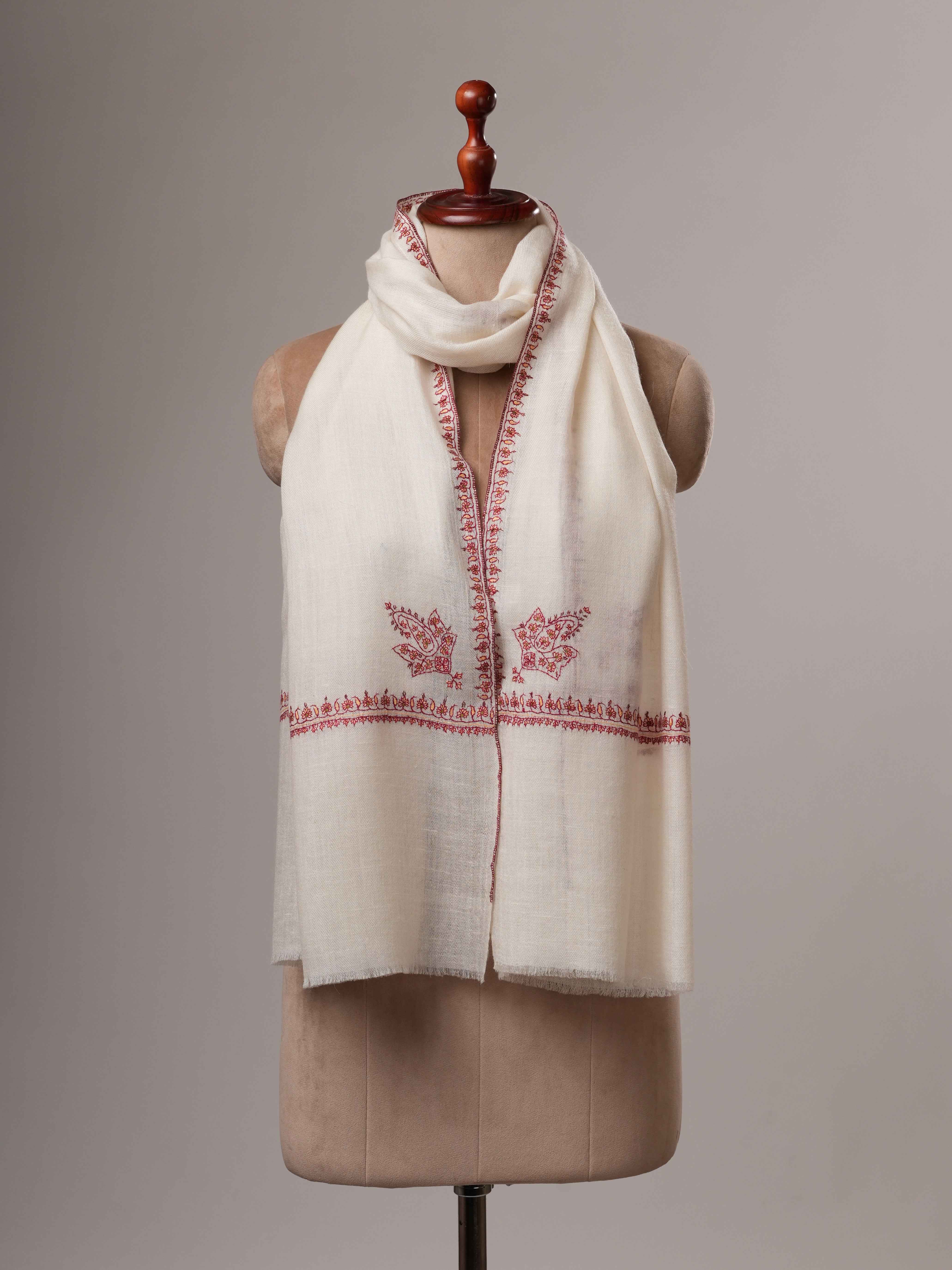 Natural White Cashmere Scarf with Hashia Hand Embroidery & Paisley Corner Motif Shahkaar