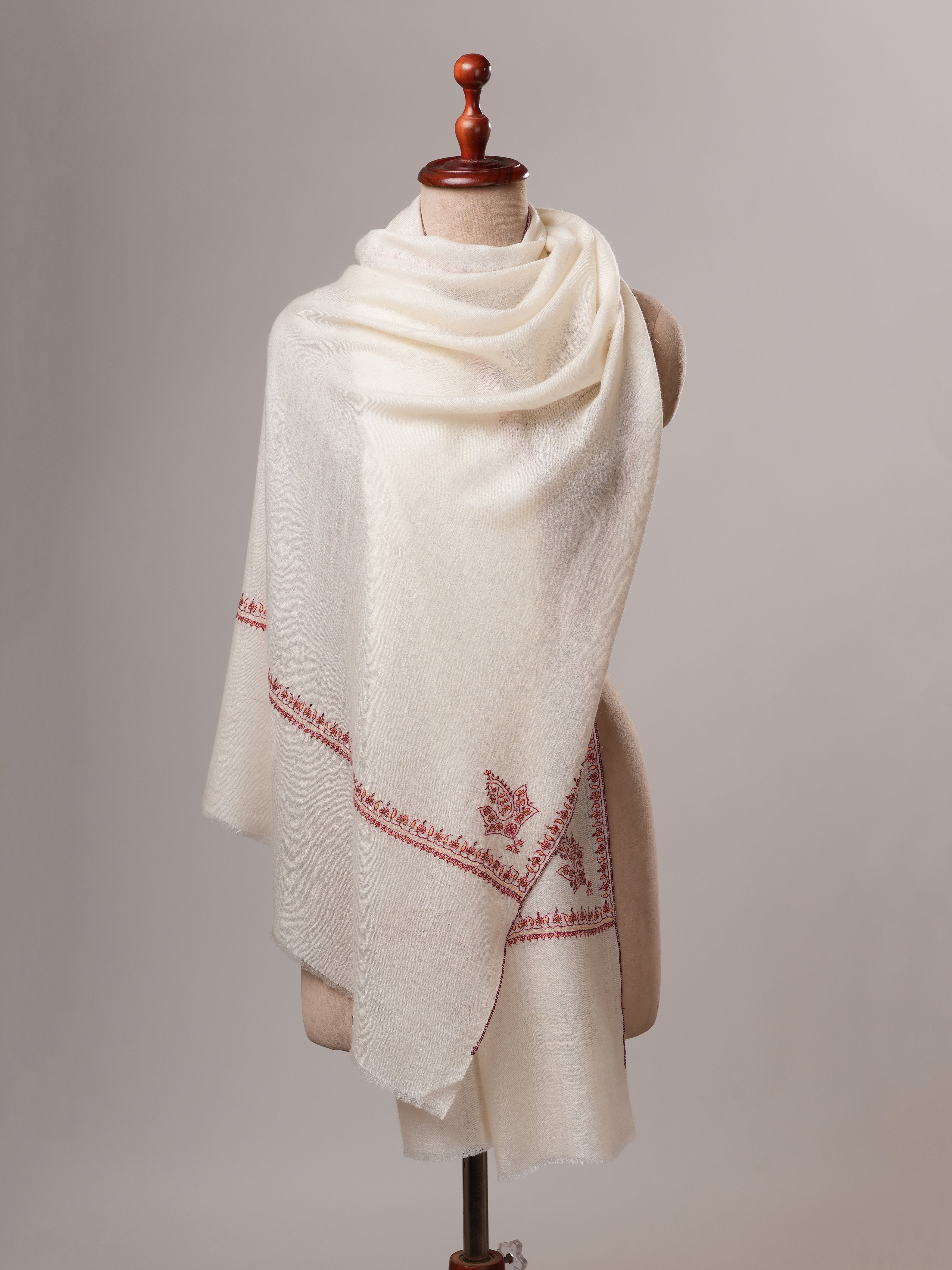 Natural White Cashmere Scarf with Hashia Hand Embroidery & Paisley Corner Motif Shahkaar