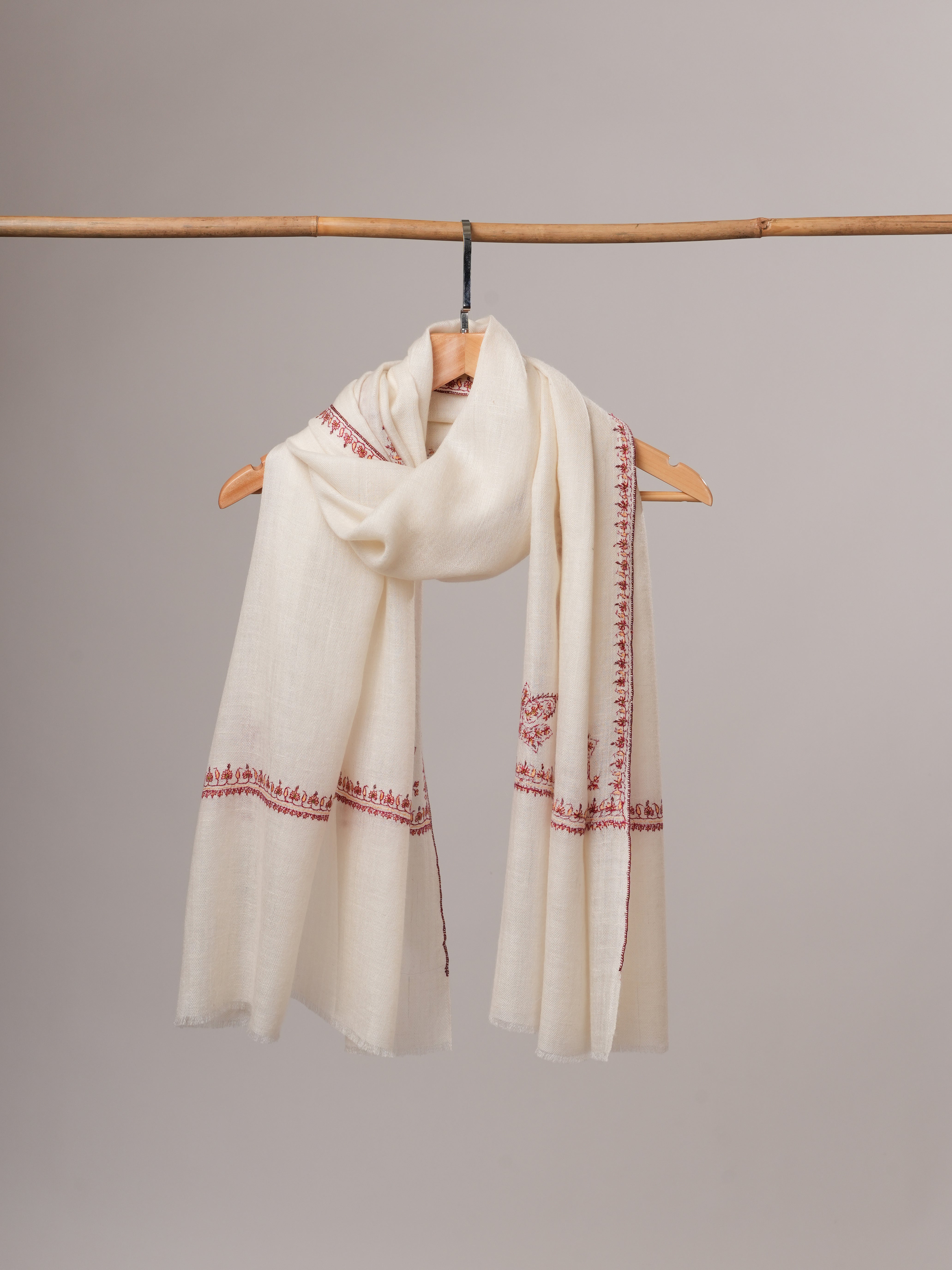 Natural White Cashmere Scarf with Hashia Hand Embroidery & Paisley Corner Motif Shahkaar