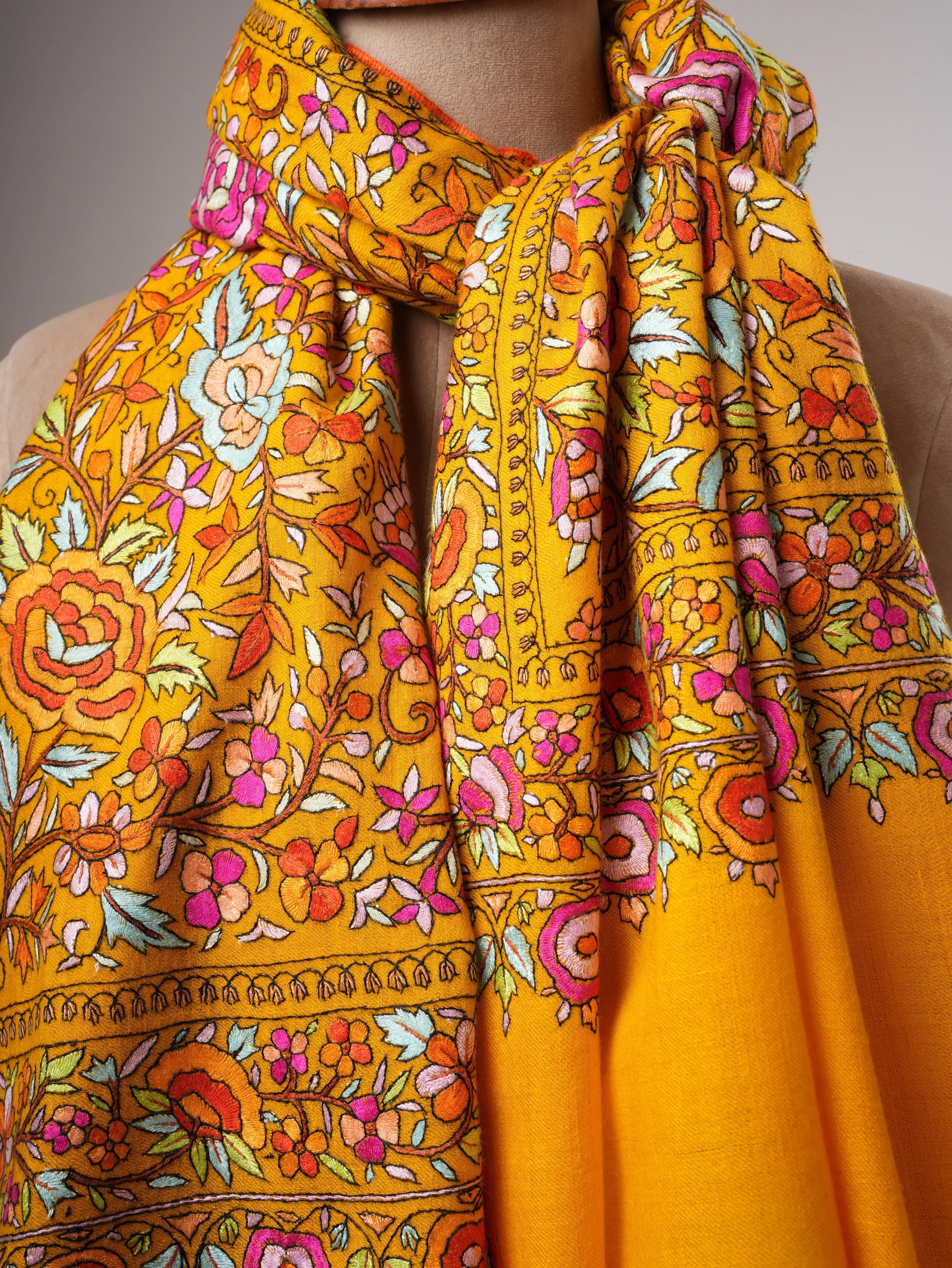 Golden Yellow Kashmiri Pashmina Shawl with Papier Mâché Floral Hand Embroidery Shahkaar