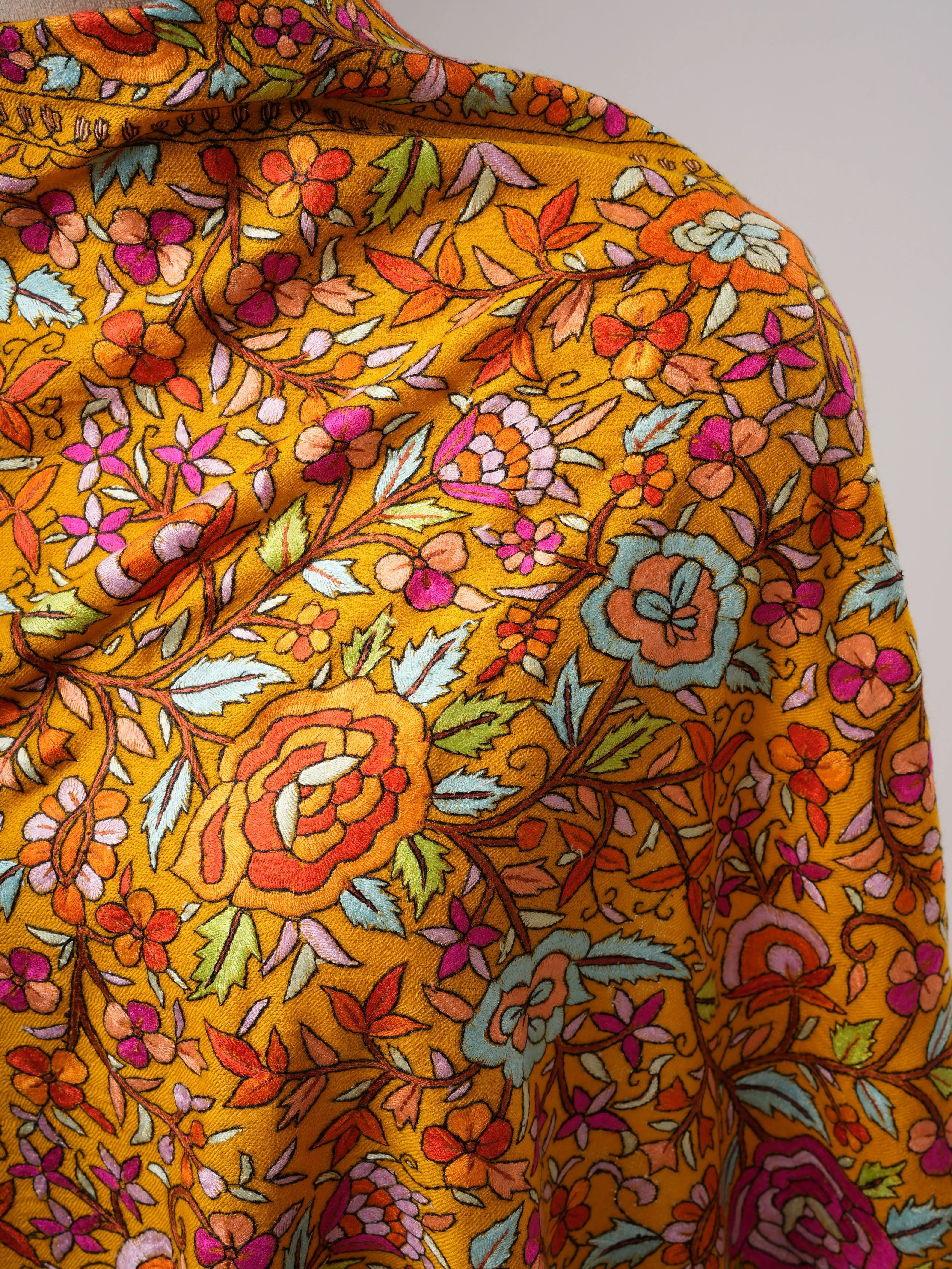 Golden Yellow Kashmiri Pashmina Shawl with Papier Mâché Floral Hand Embroidery Shahkaar