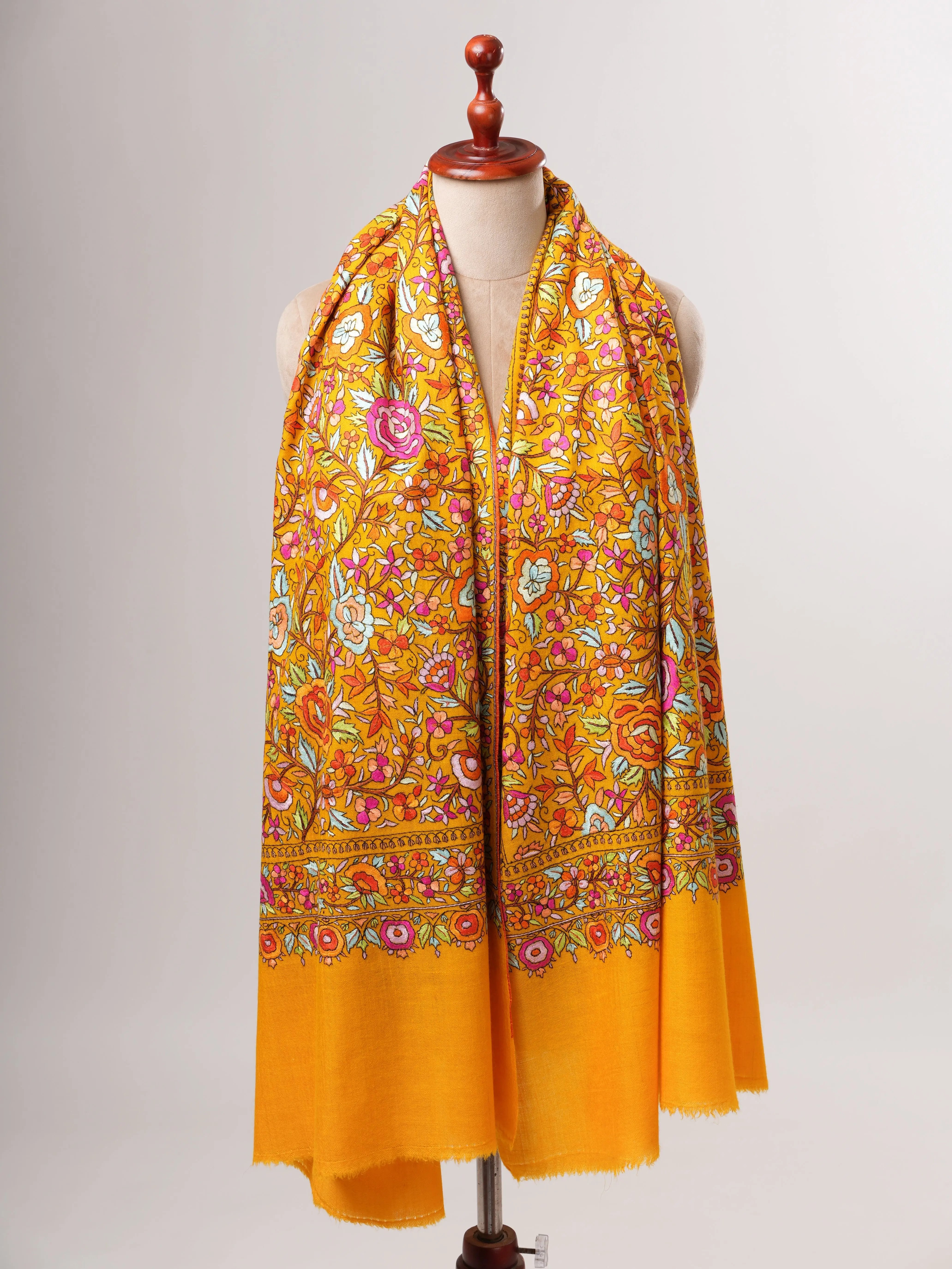 Golden Yellow Kashmiri Pashmina Shawl with Papier Mâché Floral Hand Embroidery Shahkaar