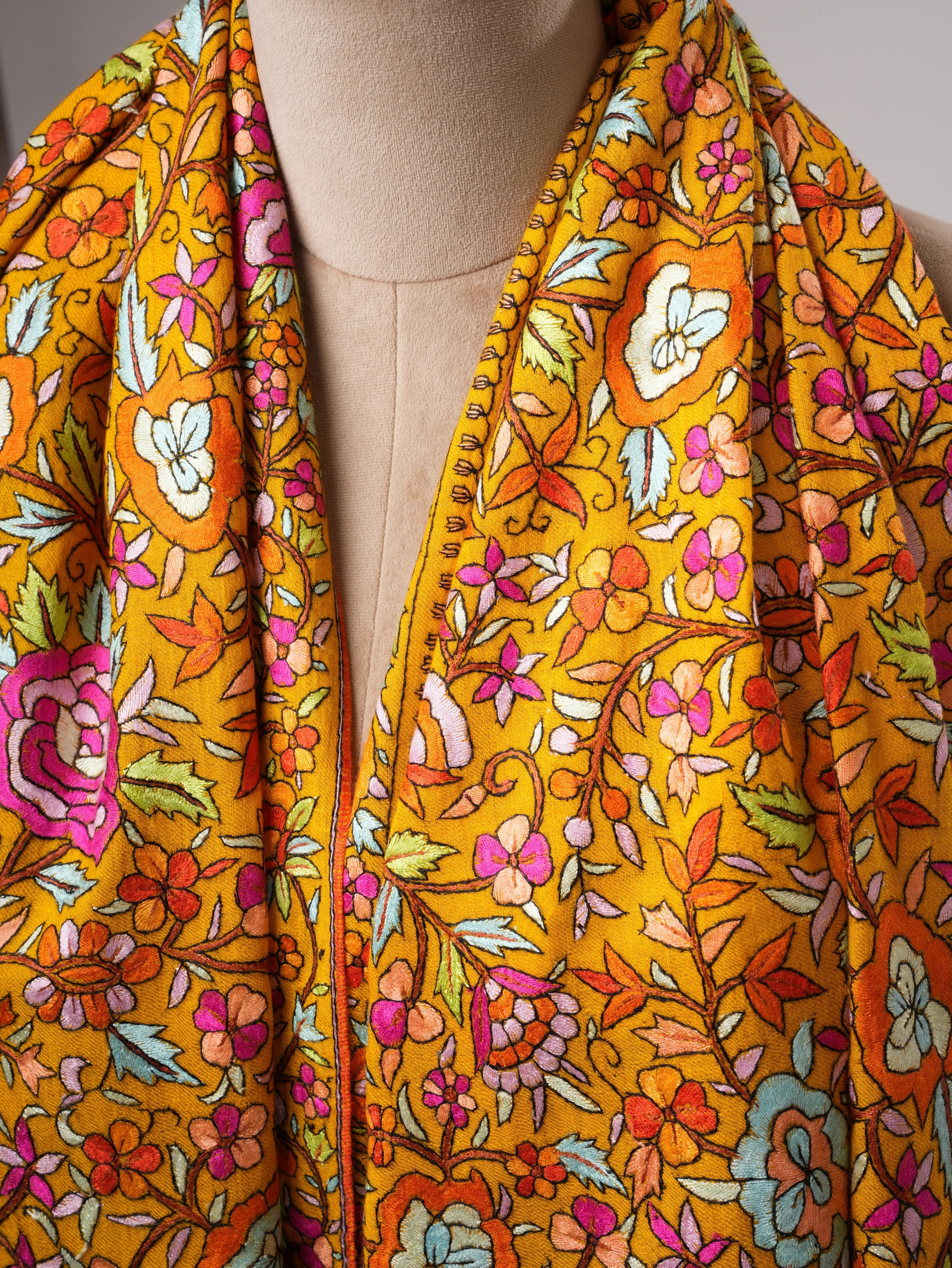 Golden Yellow Kashmiri Pashmina Shawl with Papier Mâché Floral Hand Embroidery Shahkaar