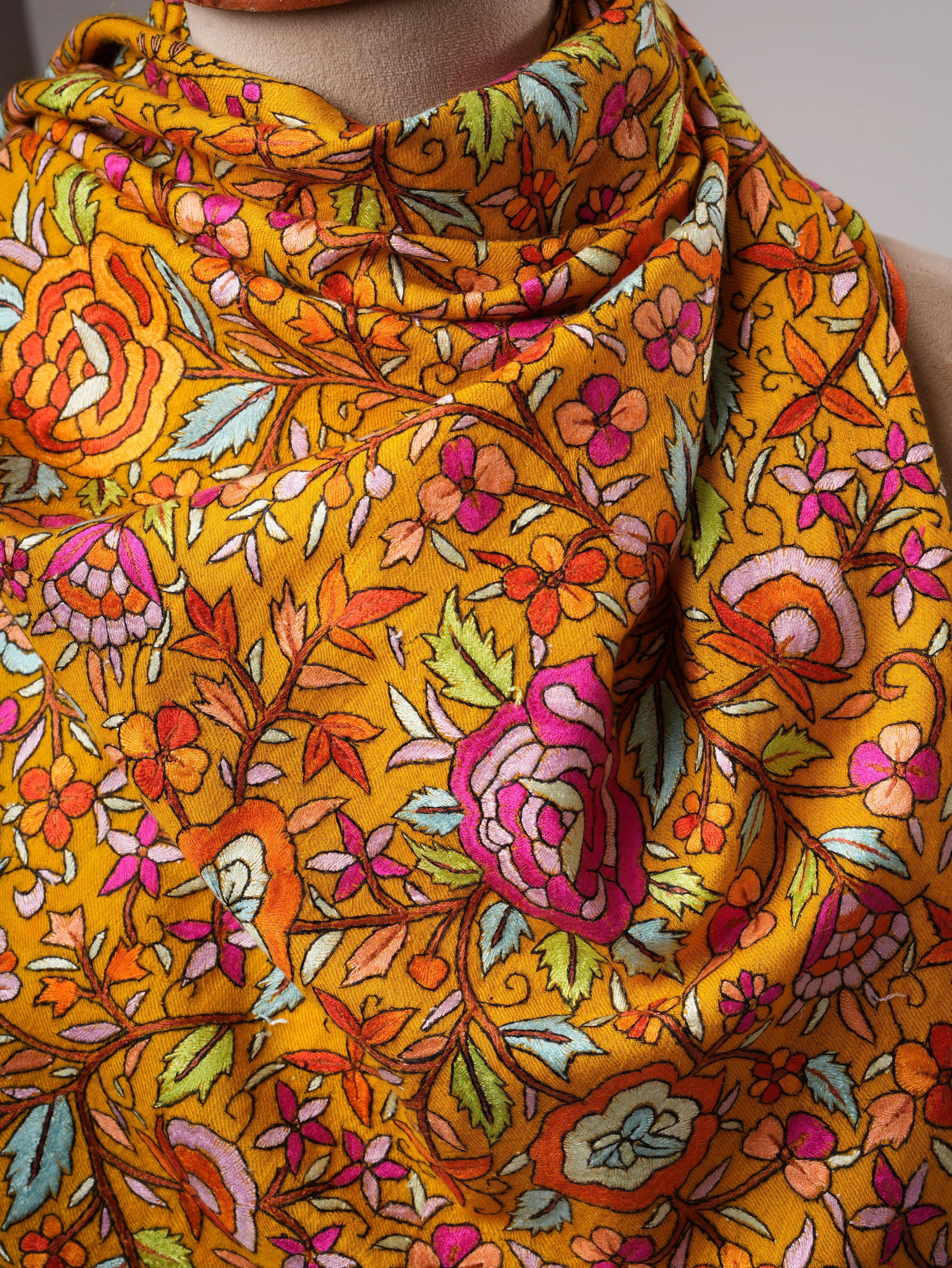 Golden Yellow Kashmiri Pashmina Shawl with Papier Mâché Floral Hand Embroidery Shahkaar