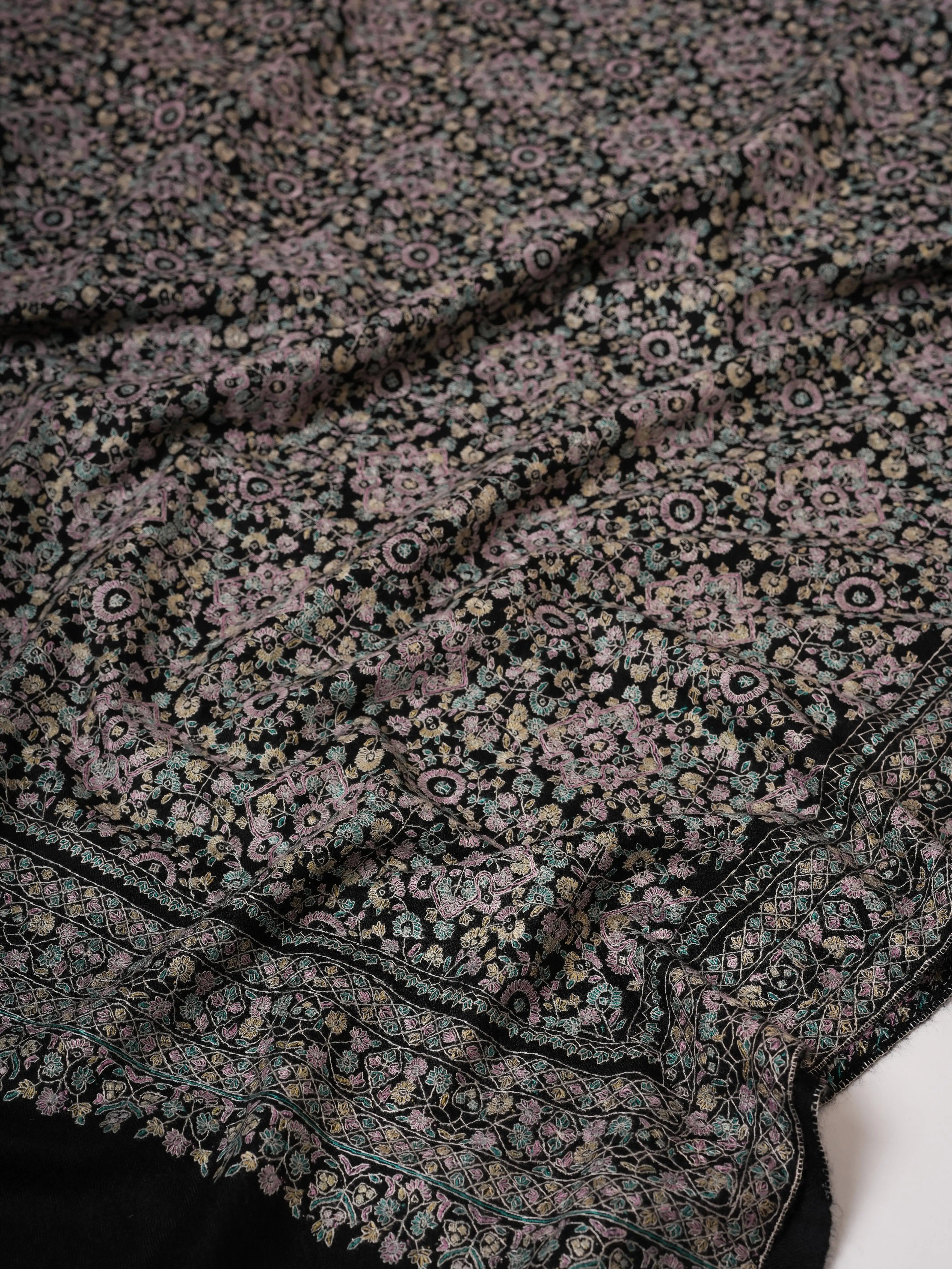 Black Pashmina Shawl with Fine Detailed Sozni Embroidery Shahkaar