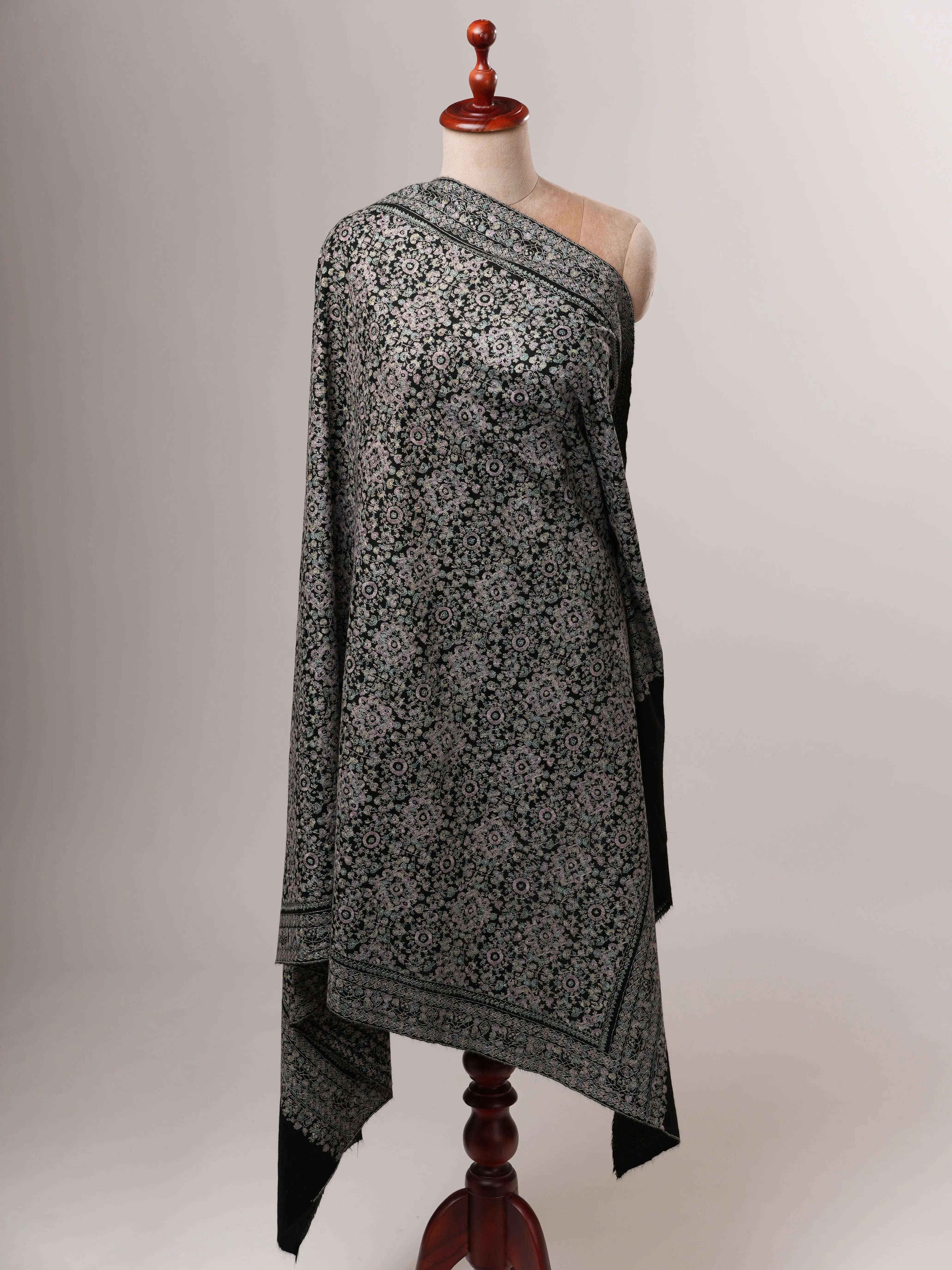 Black Pashmina Shawl with Fine Detailed Sozni Embroidery Shahkaar