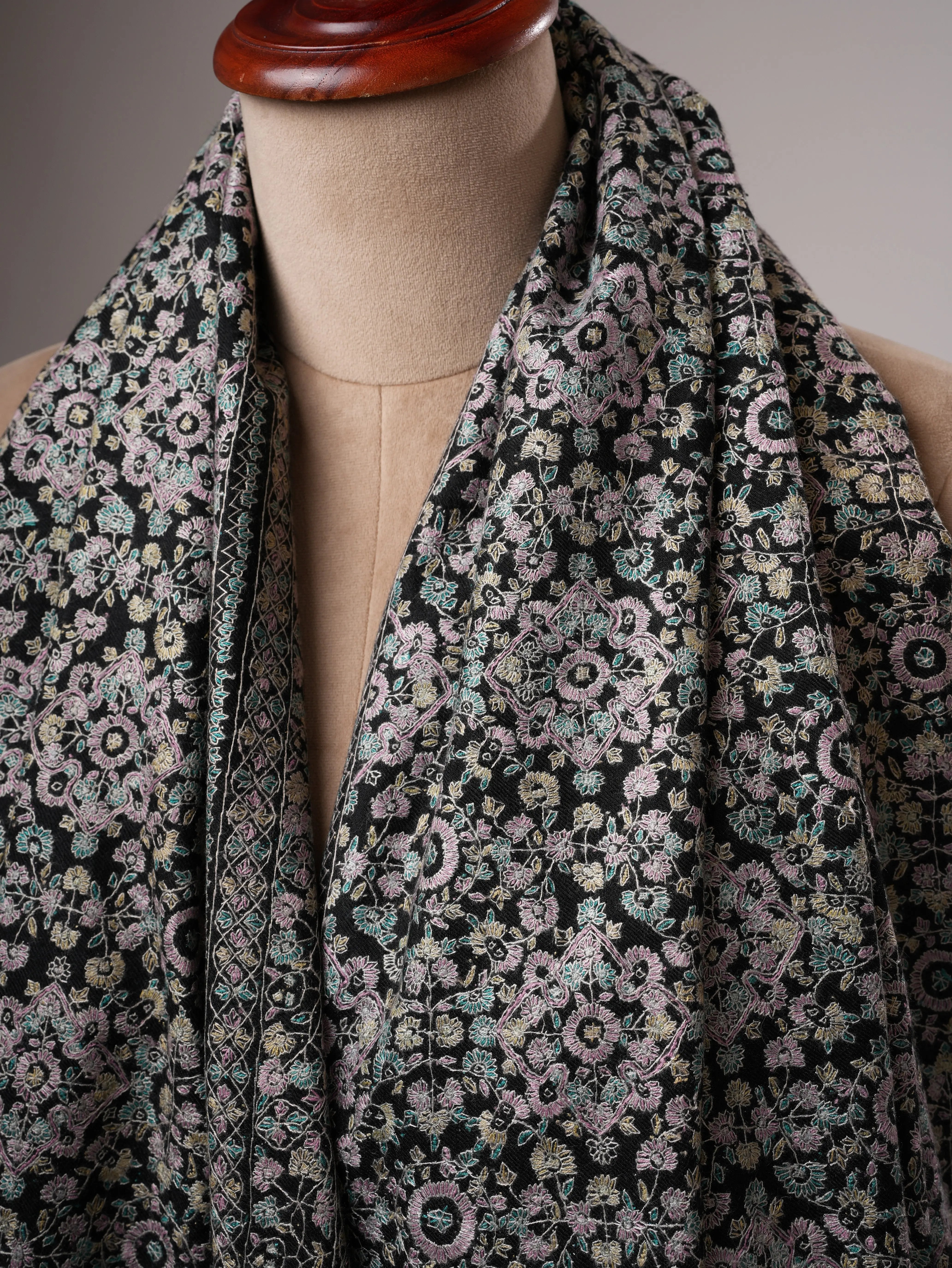 Black Pashmina Shawl with Fine Detailed Sozni Embroidery Shahkaar