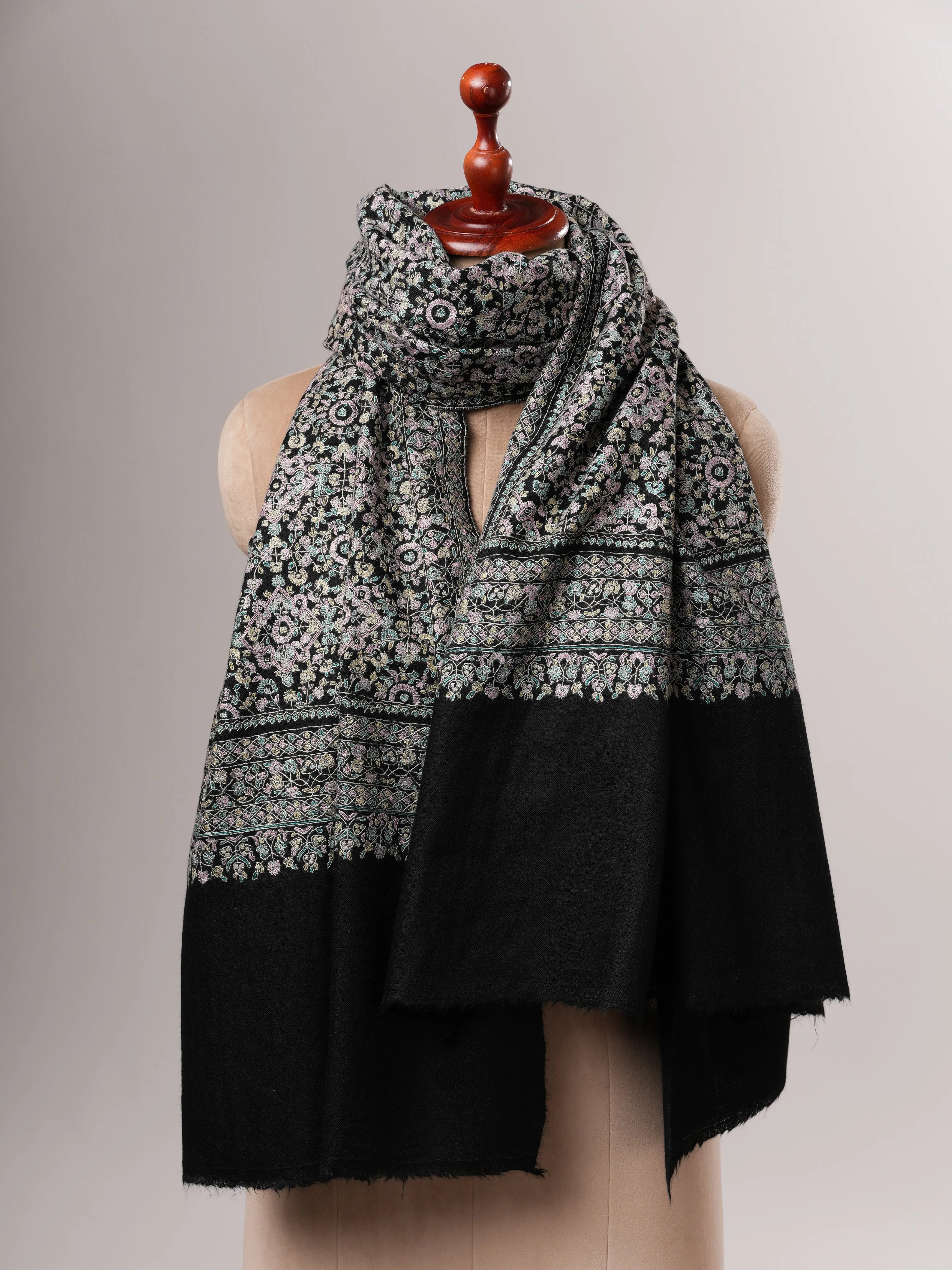 Black Pashmina Shawl with Fine Detailed Sozni Embroidery Shahkaar