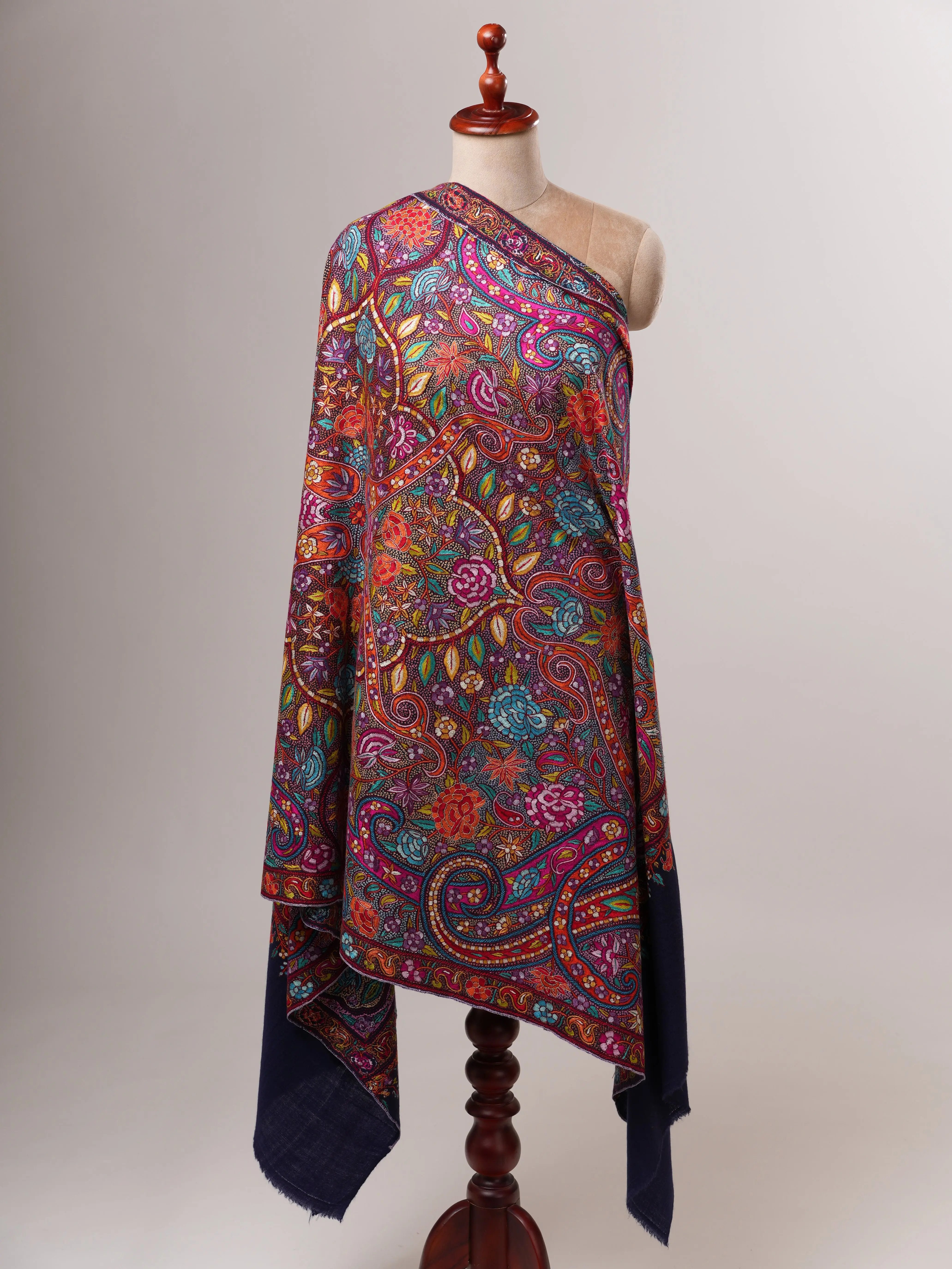 Navy Blue Handwoven Pashmina Shawl with Papier-Mâché Embroidery Shahkaar