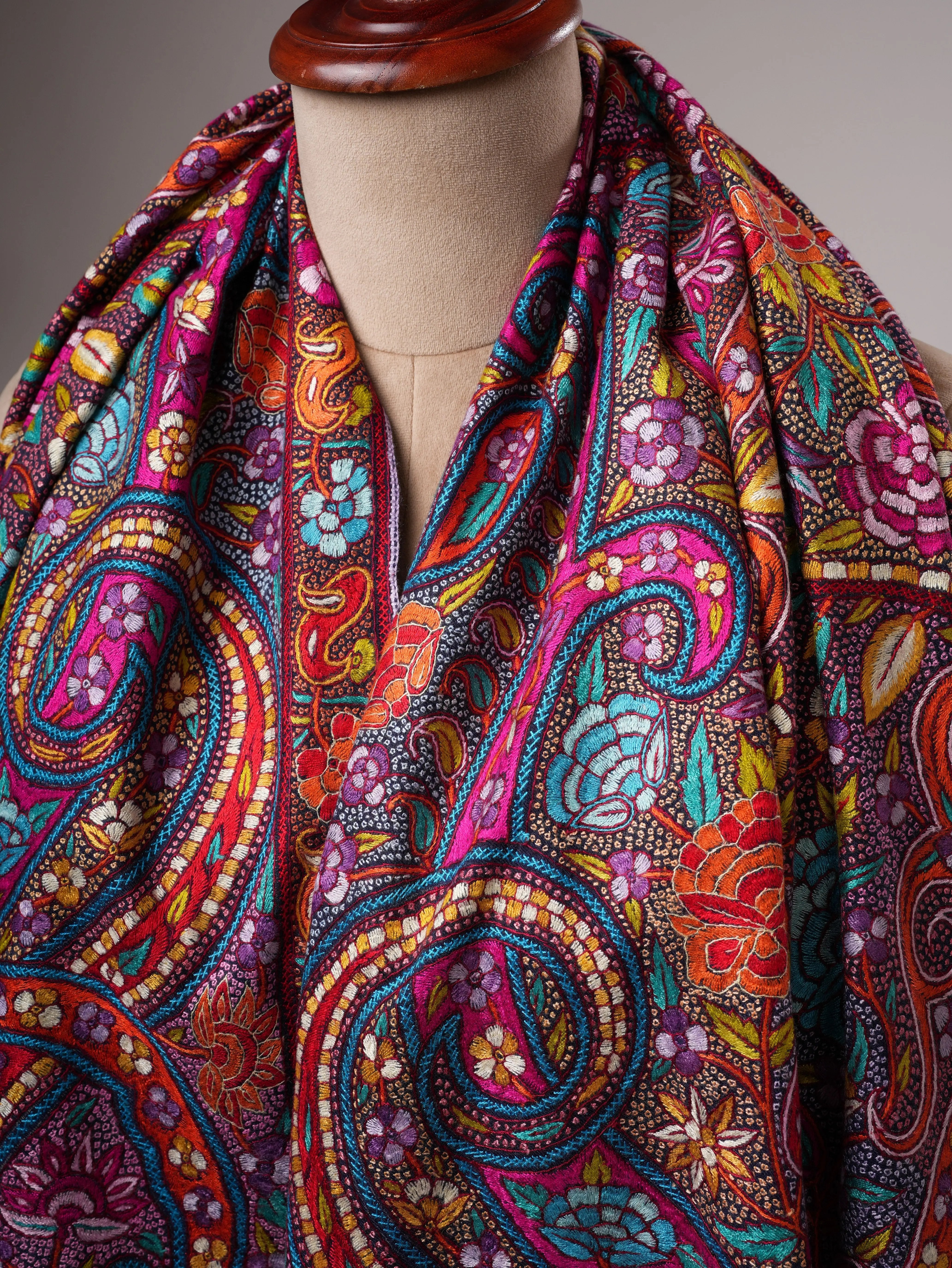 Navy Blue Handwoven Pashmina Shawl with Papier-Mâché Embroidery Shahkaar