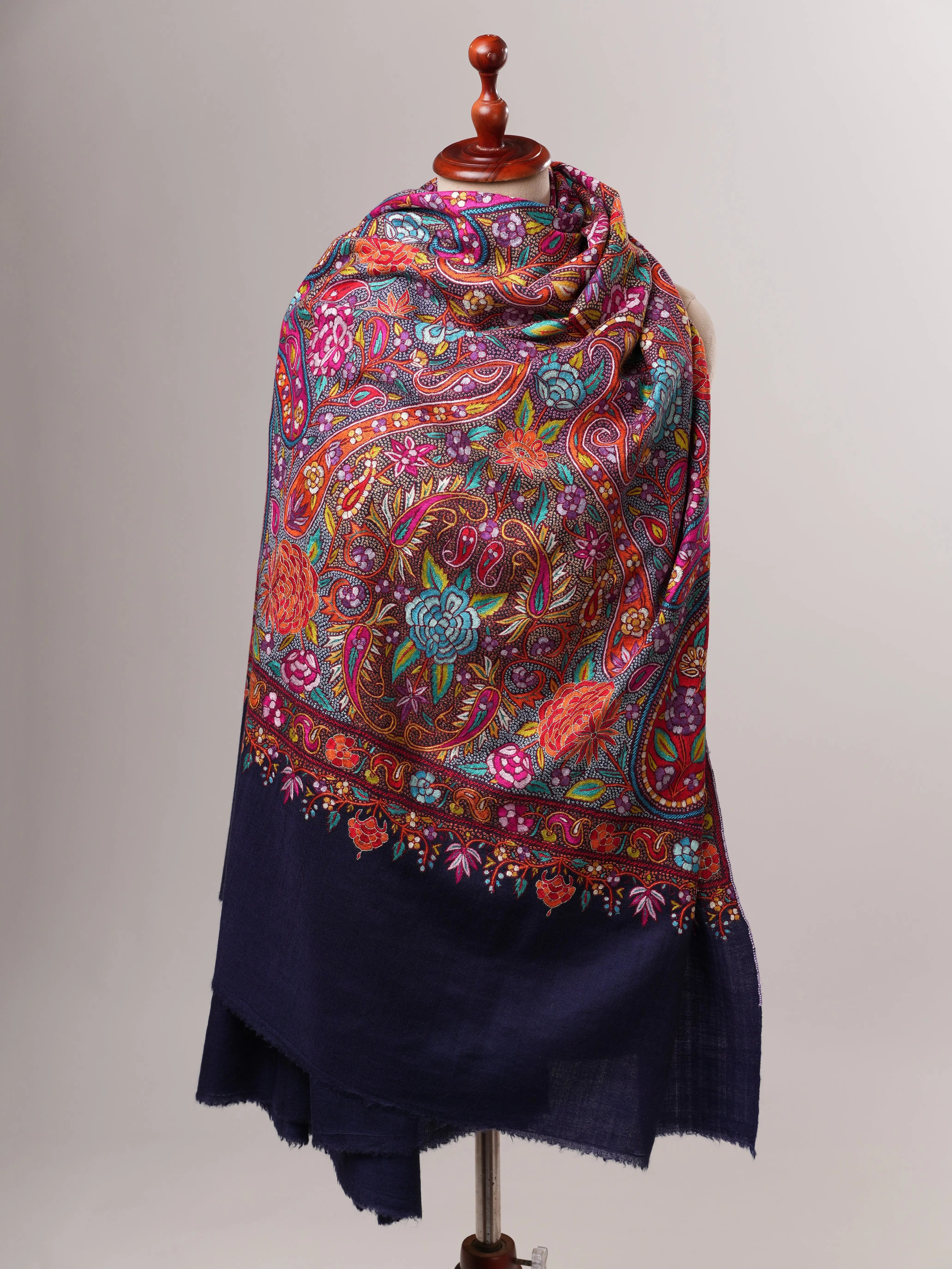 Navy Blue Handwoven Pashmina Shawl with Papier-Mâché Embroidery Shahkaar