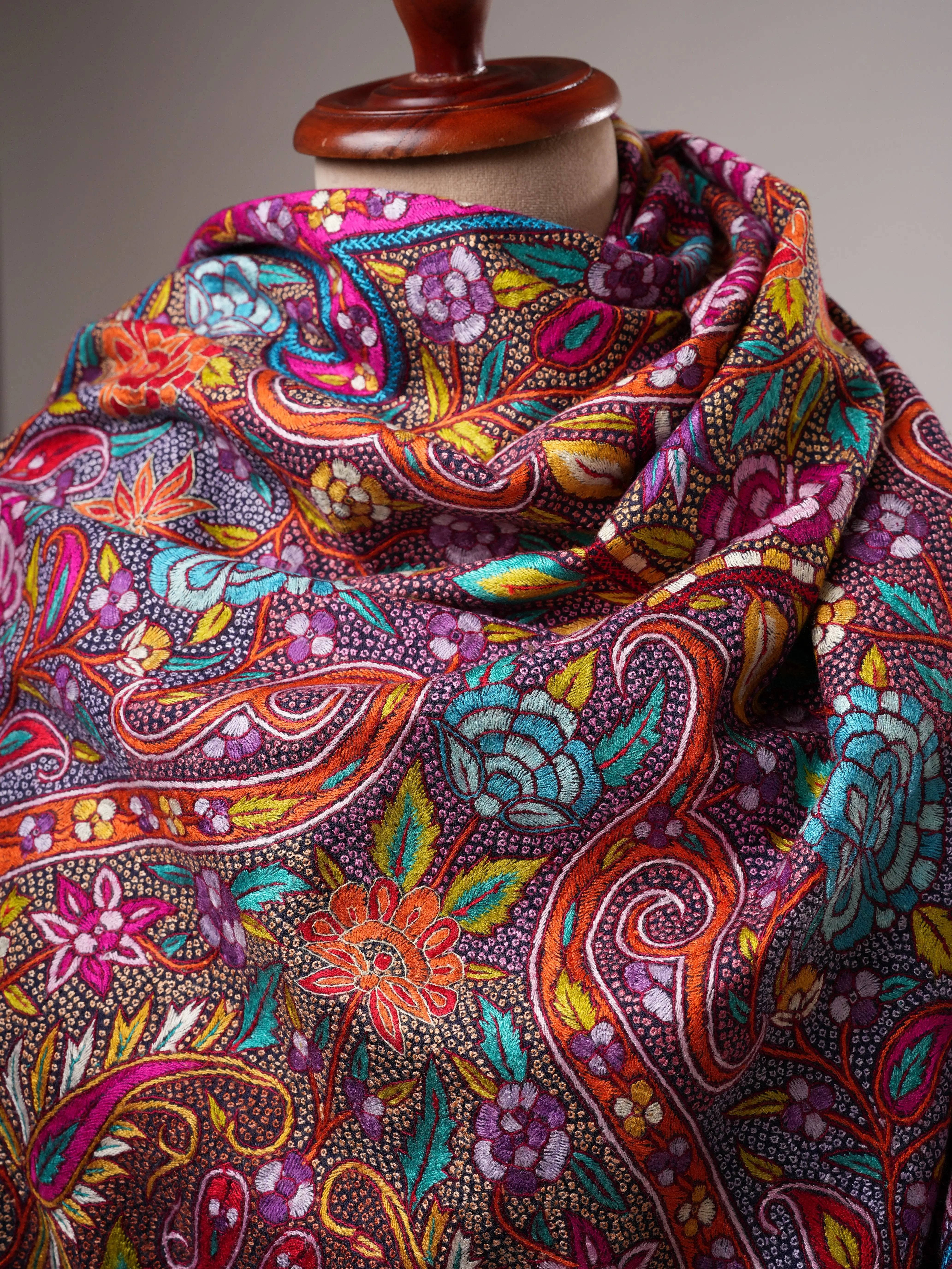 Navy Blue Handwoven Pashmina Shawl with Papier-Mâché Embroidery Shahkaar