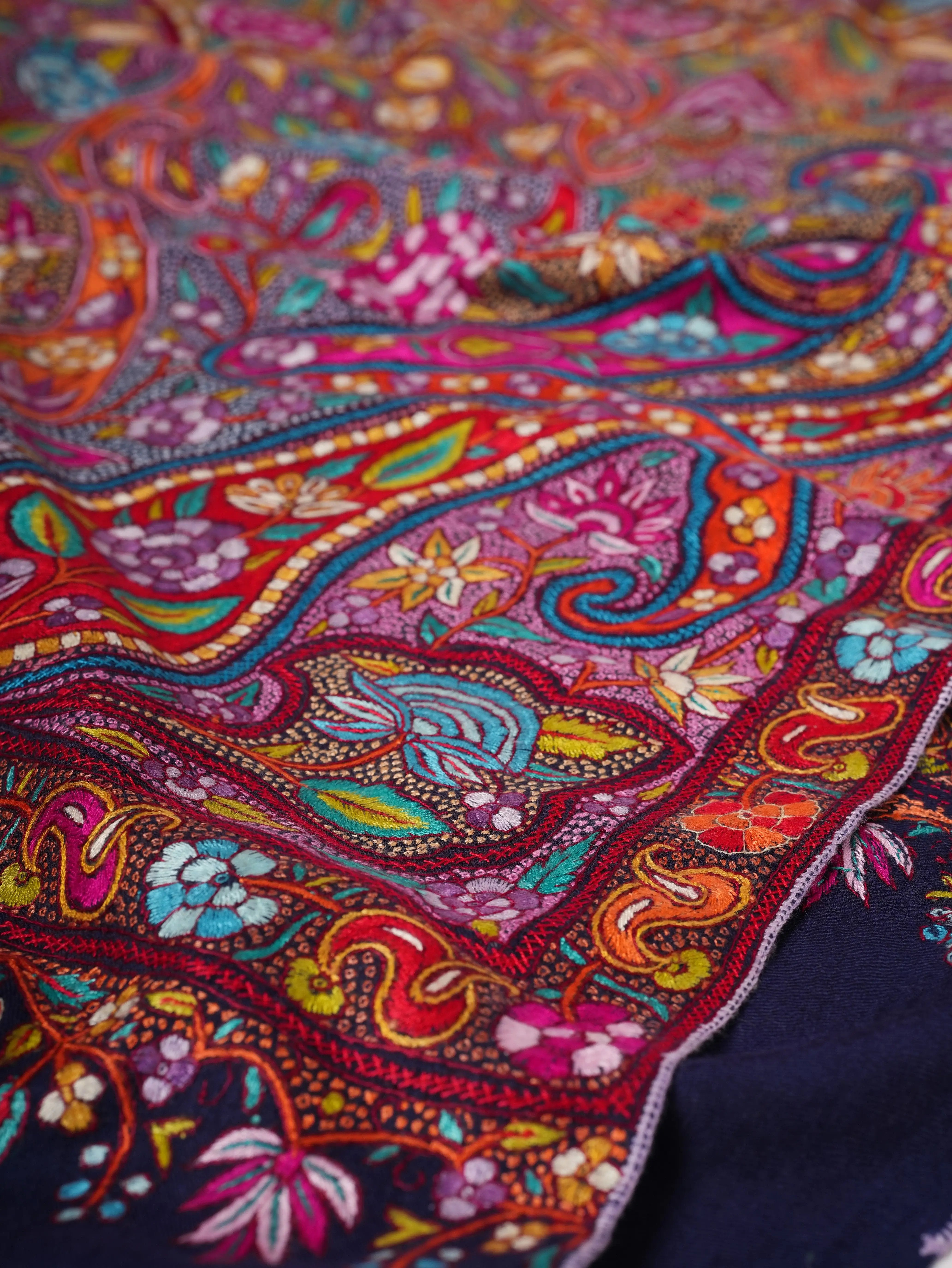Navy Blue Handwoven Pashmina Shawl with Papier-Mâché Embroidery Shahkaar