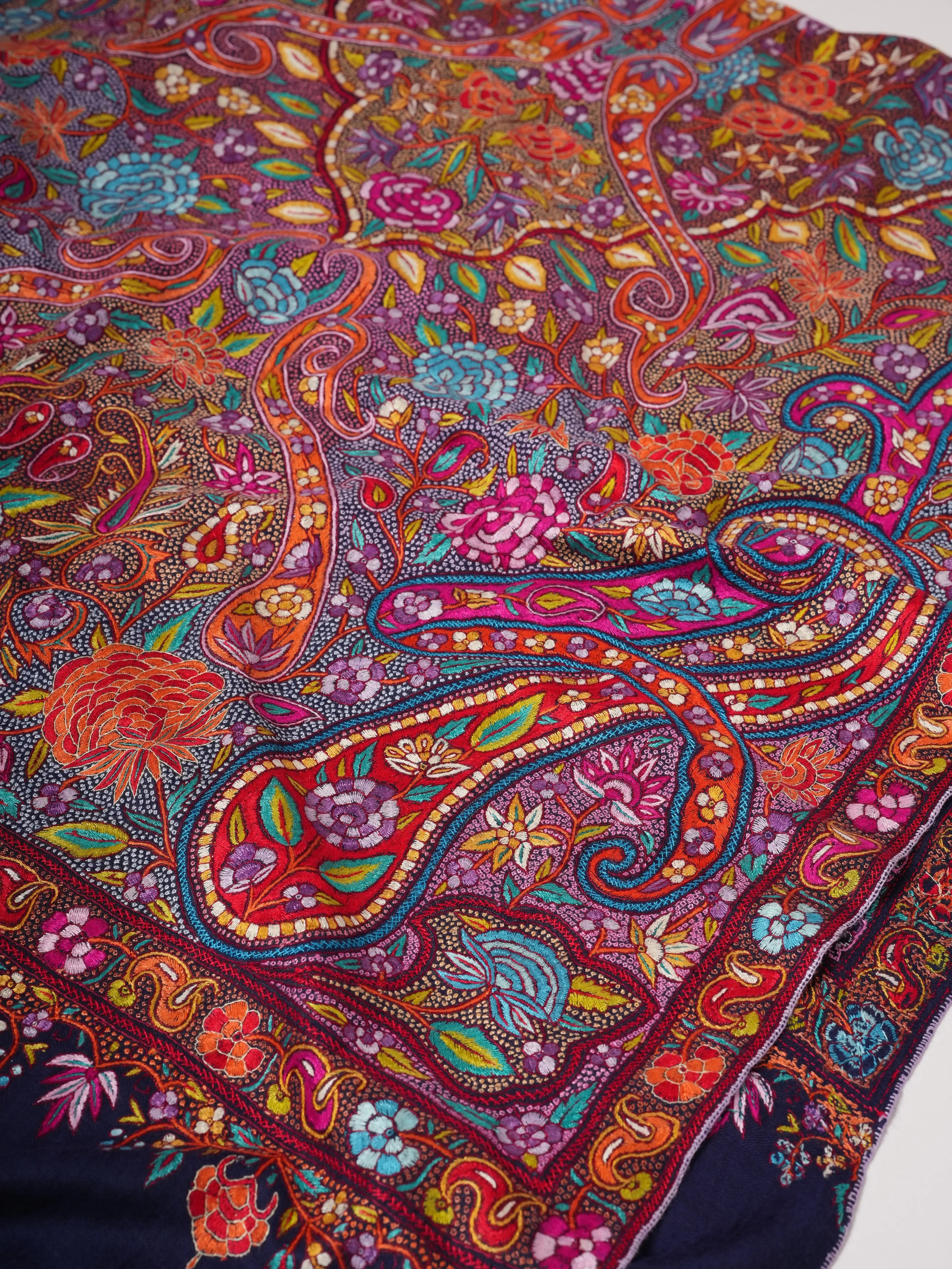 Navy Blue Handwoven Pashmina Shawl with Papier-Mâché Embroidery Shahkaar