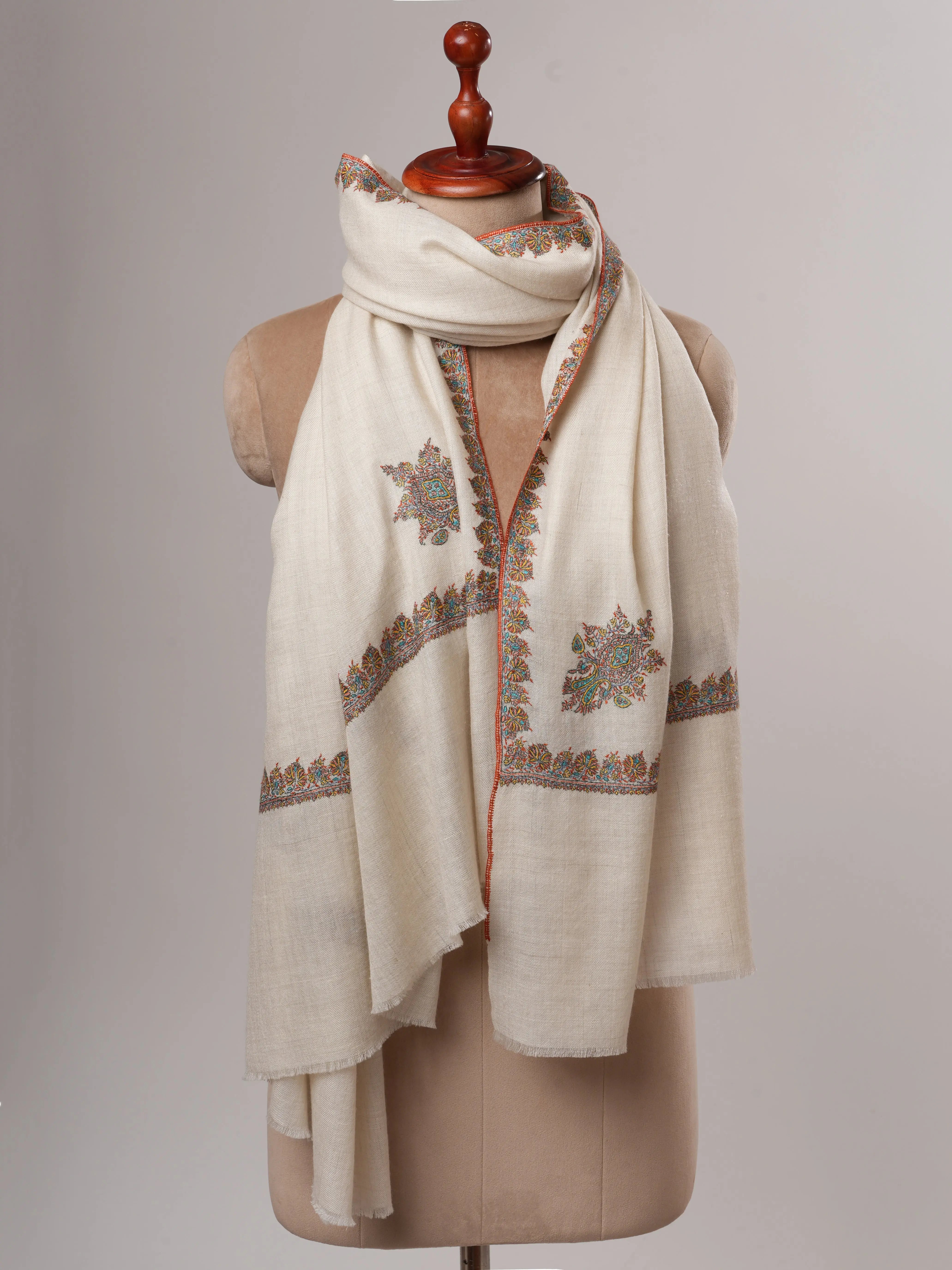 Natural Ivory Baby Soft Pashmina Shawl – Hand Embroidered Hashia Border Shahkaar